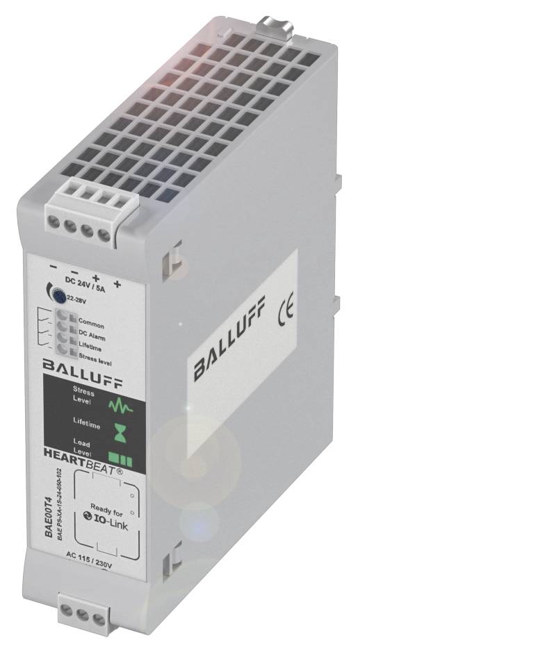 Netzteil von Balluff, rechteckig mit grauem Gehäuse, zeigt Stress-, Überlastungs- und Lebensdaueranzeige. Bereit für IO-Link.