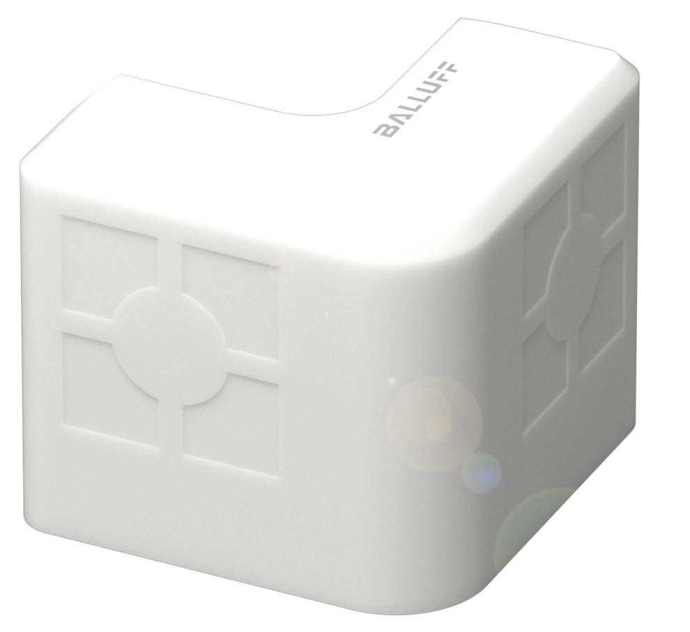 Ein weißer 3D-Winkelblock mit dem Schriftzug 'Balluff'. Die Oberfläche zeigt ein kreisförmiges Muster.