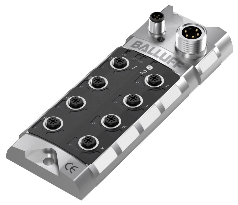 Ein rechteckiges, metallisches Modul mit acht runden Anschlüssen und zwei größeren Steckdosen oben, markiert mit 'Balluff' und CE-Zeichen.