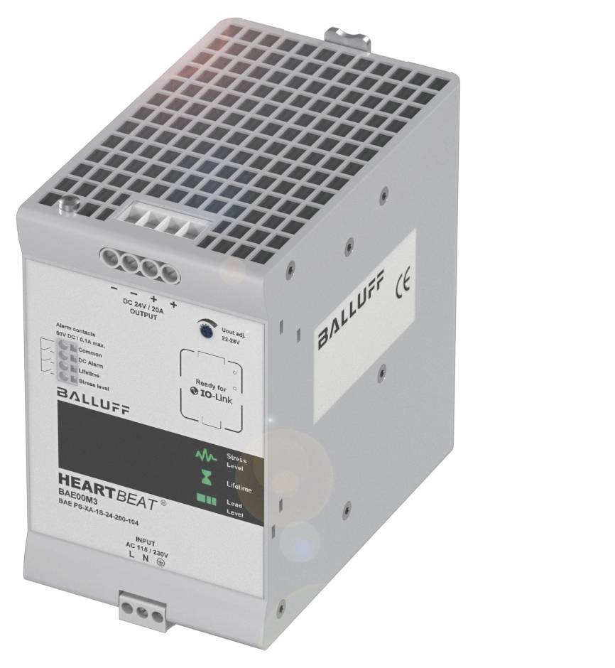 Ein graues Elektronikgerät mit dem Namen 'BALLUFF HEARTBEAT'. Es zeigt verschiedene technische Spezifikationen auf der Vorderseite.