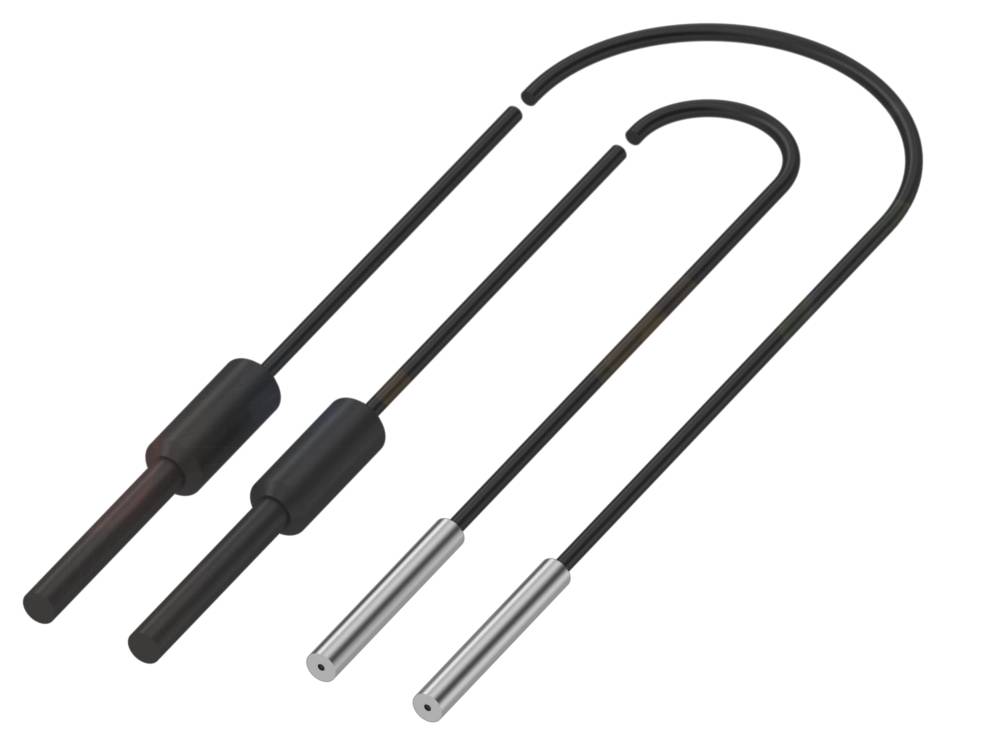 Drei Heizpatronen in U-Form und gerader Form aus schwarzen und silbernen Materialien, vermutlich für industrielle Anwendungen.