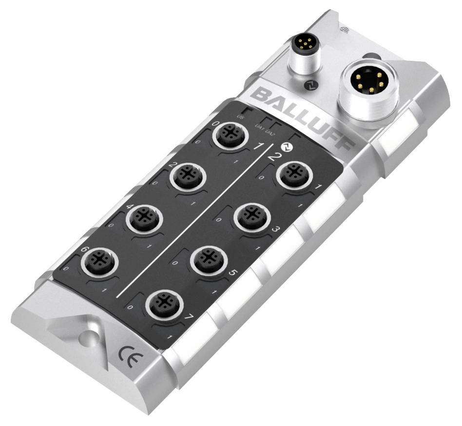 'Balluff'-Sensoranschlussmodul mit acht Steckplätzen, zwei runden Steckverbindern oben. Verwendet für industrielle Automatisierung.