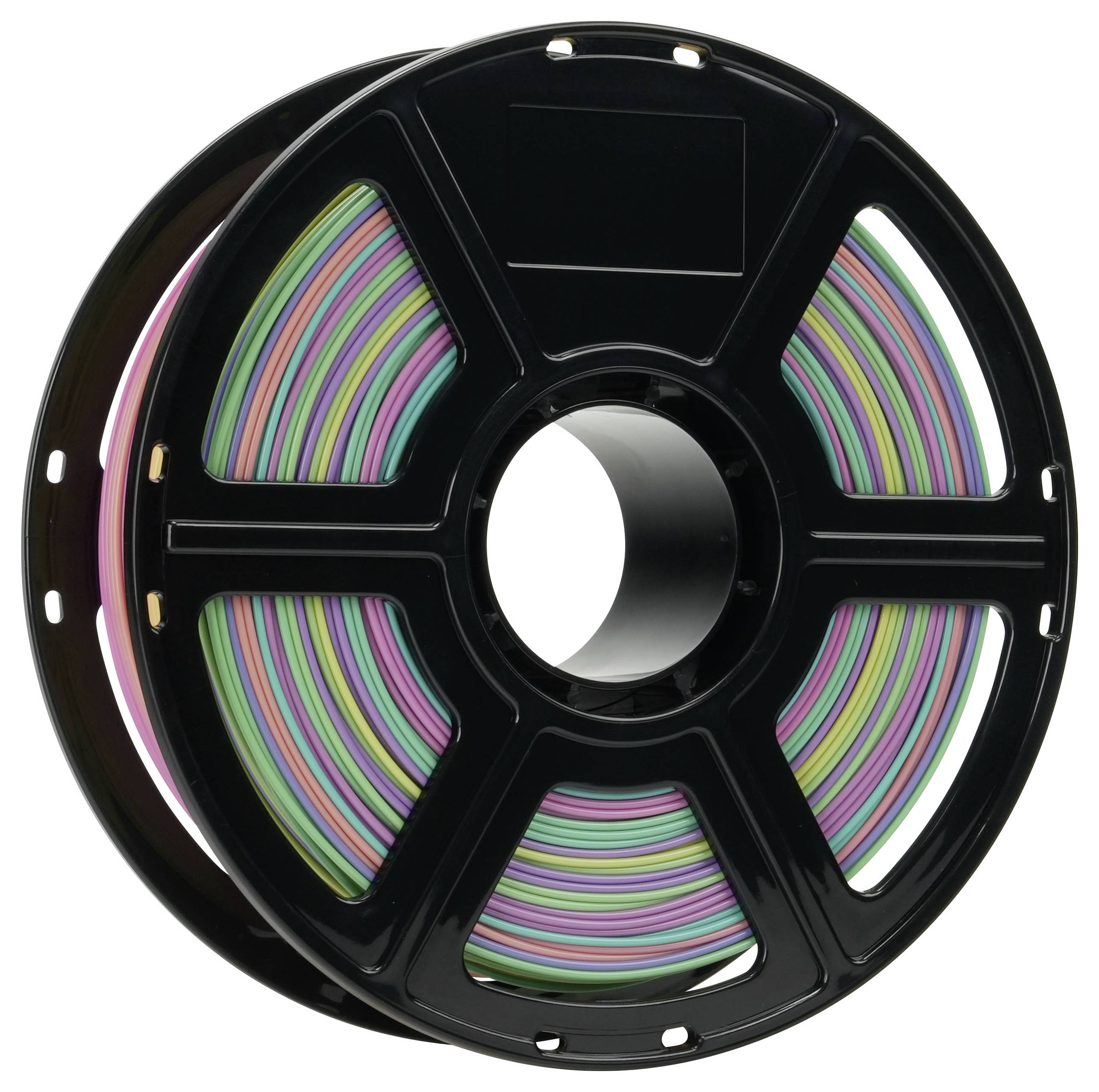 Eine schwarze Spule trägt mehrfarbiges 3D-Druckfilament, das Schattierungen von Lila, Pink und Grün umfasst und eine Vielfalt an Materialien und deren Verwendung andeutet.