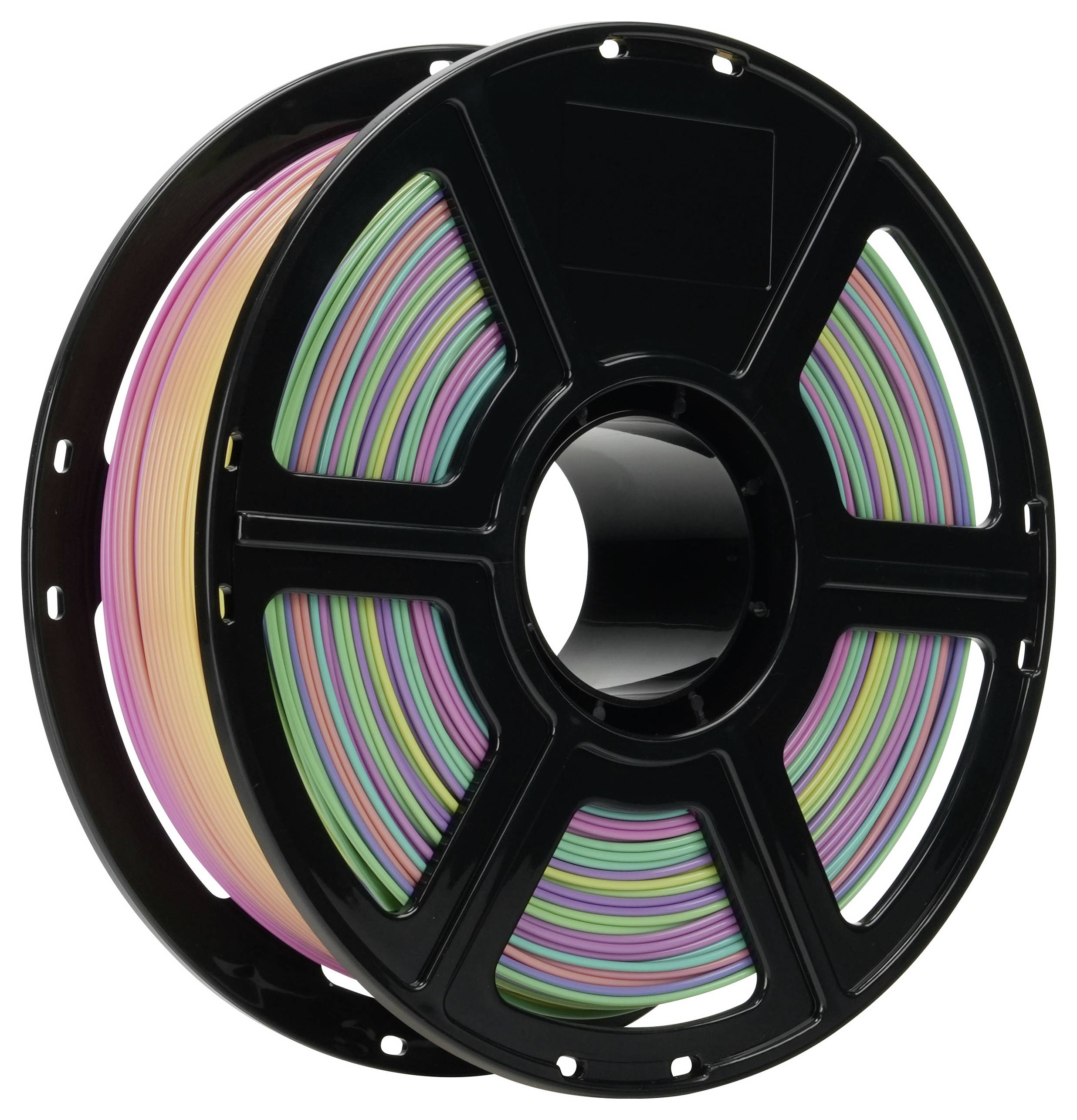 Eine Spule mehrfarbigen Filaments für den 3D-Druck, die einen Farbverlauf mit Rosa, Grün und Gelb aufweist.