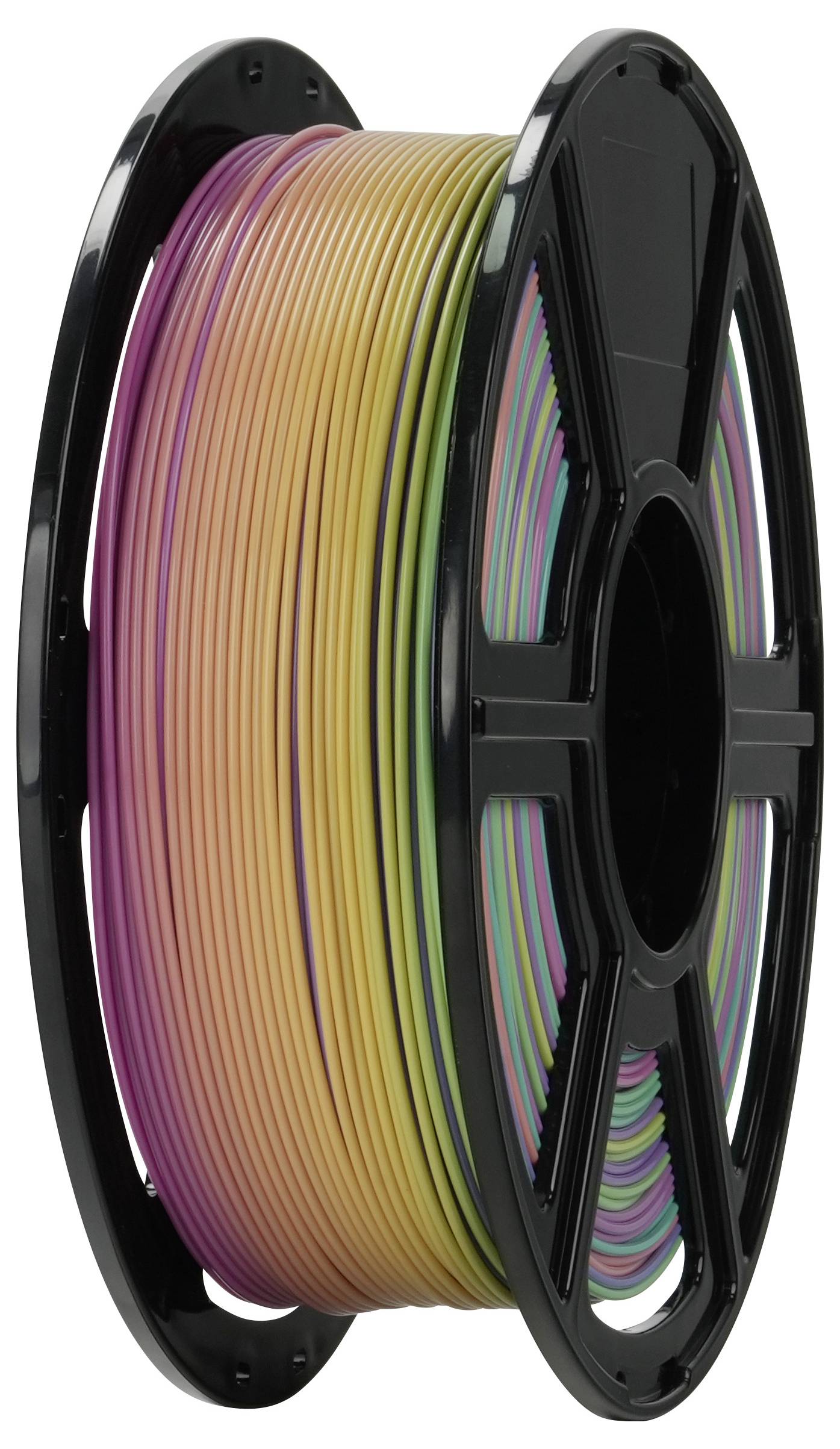 Eine Spule mehrfarbigen 3D-Druckfilaments mit Schattierungen von Lila, Rosa, Orange und Grün, die um eine schwarze Kunststoffrolle gewickelt ist.