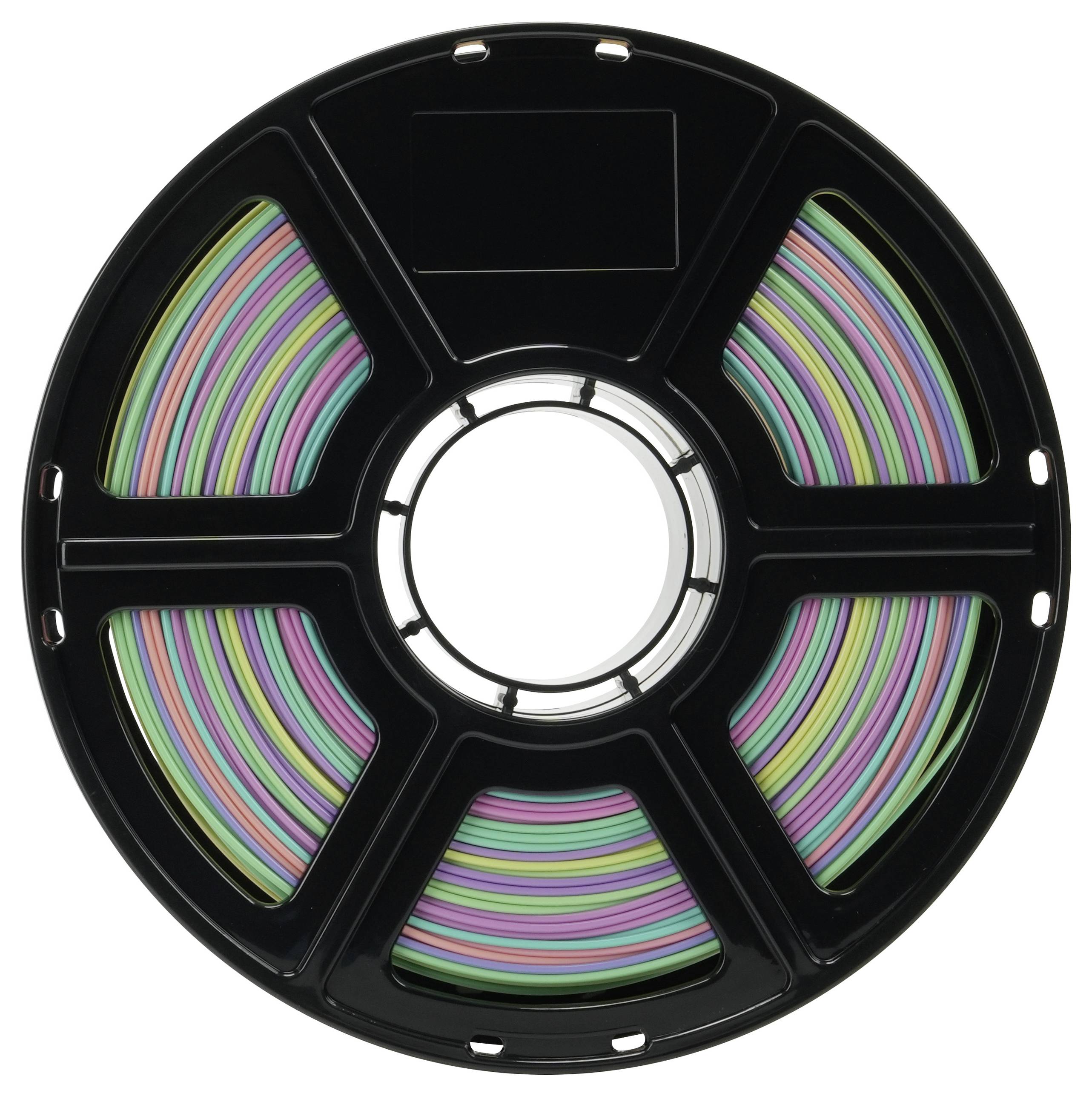Eine schwarze Spule mit 3D-Druckerfilament, umwickelt mit mehrfarbigen Strängen in Grün, Pink und Blau, ordentlich aufgerollt.