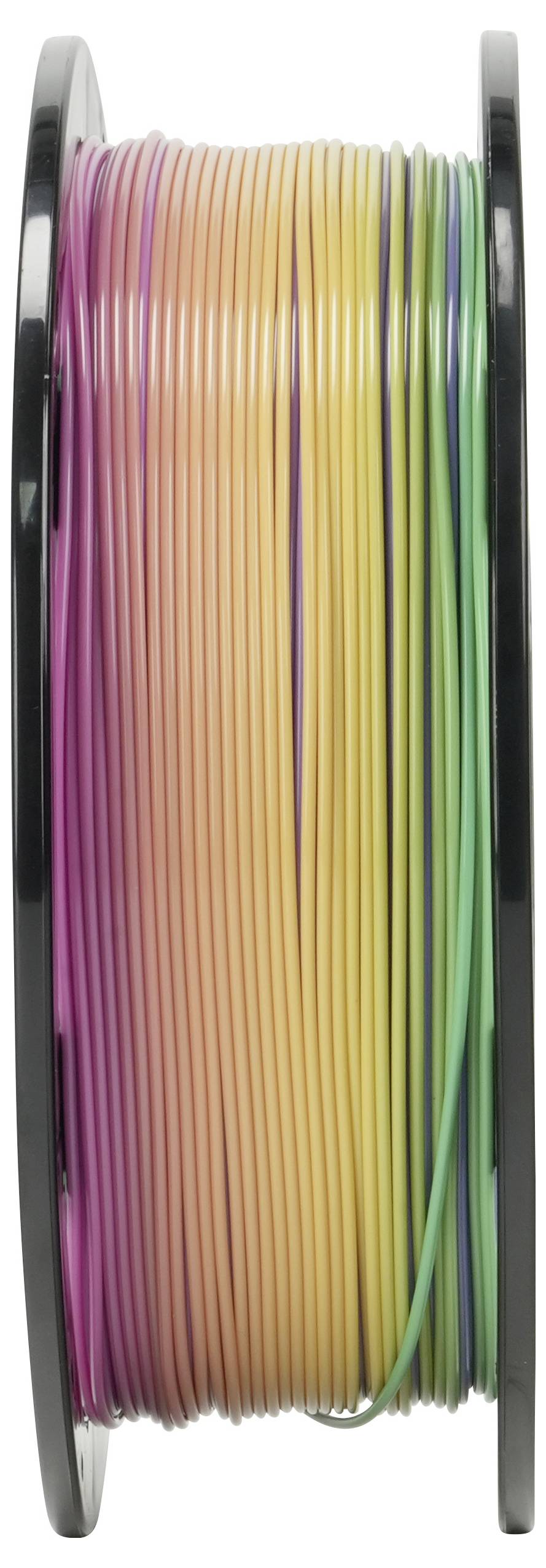 Eine Spule mit mehrfarbigem 3D-Druckfilament in Schattierungen von Rosa, Orange, Gelb und Grün, gleichmäßig um die Rolle gewickelt.