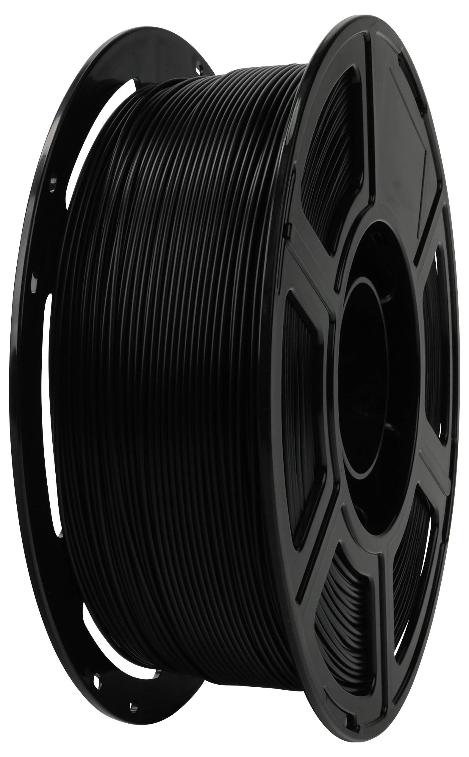 Eine schwarze Spule von 3D-Druckerfilament, ordentlich um eine Kunststoffspule gewickelt.