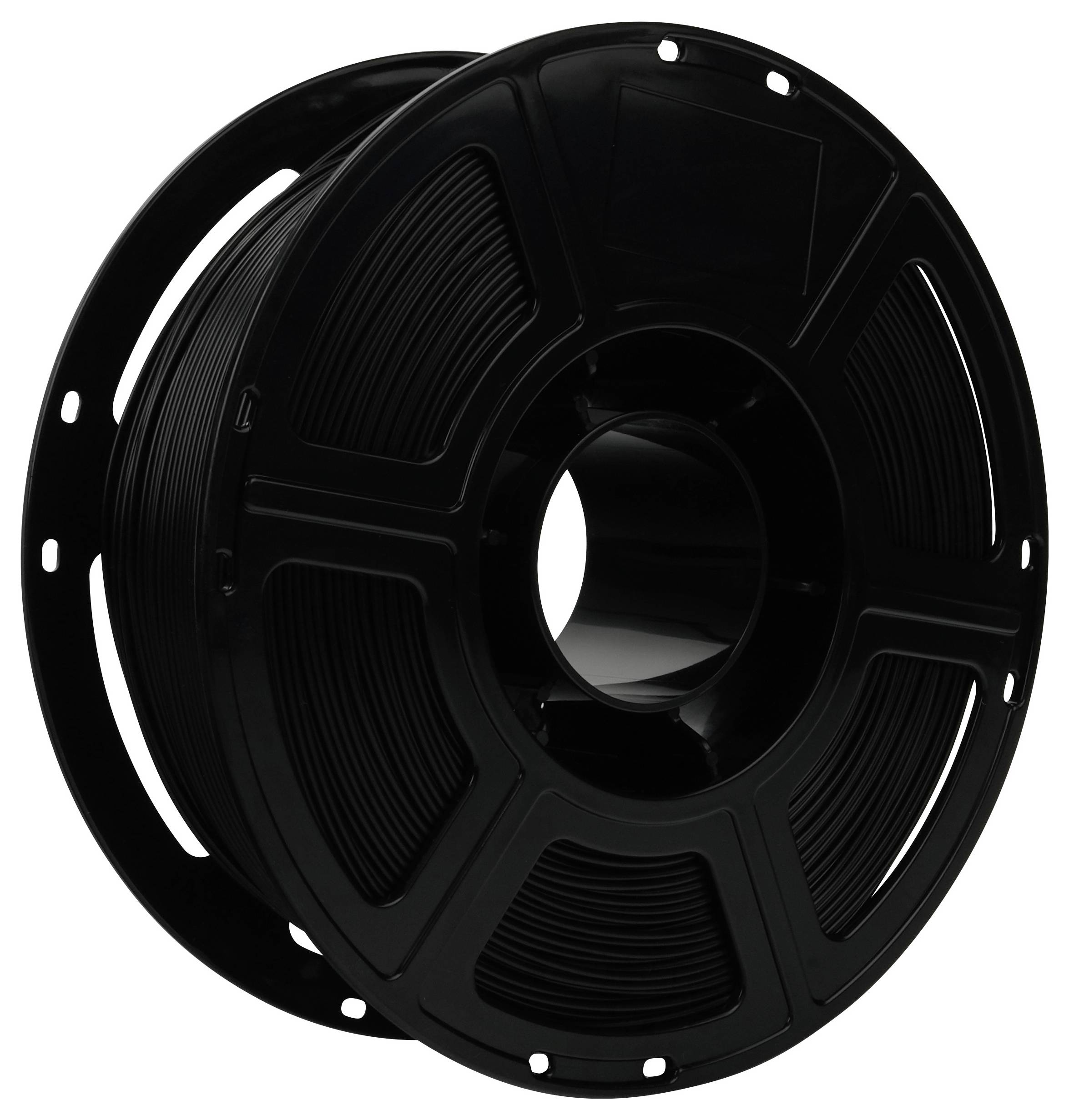 Eine schwarze Spule mit 3D-Druckfilament, ordentlich aufgewickelt mit sichtbaren Enden, liegt vor einem einfarbigen Hintergrund.