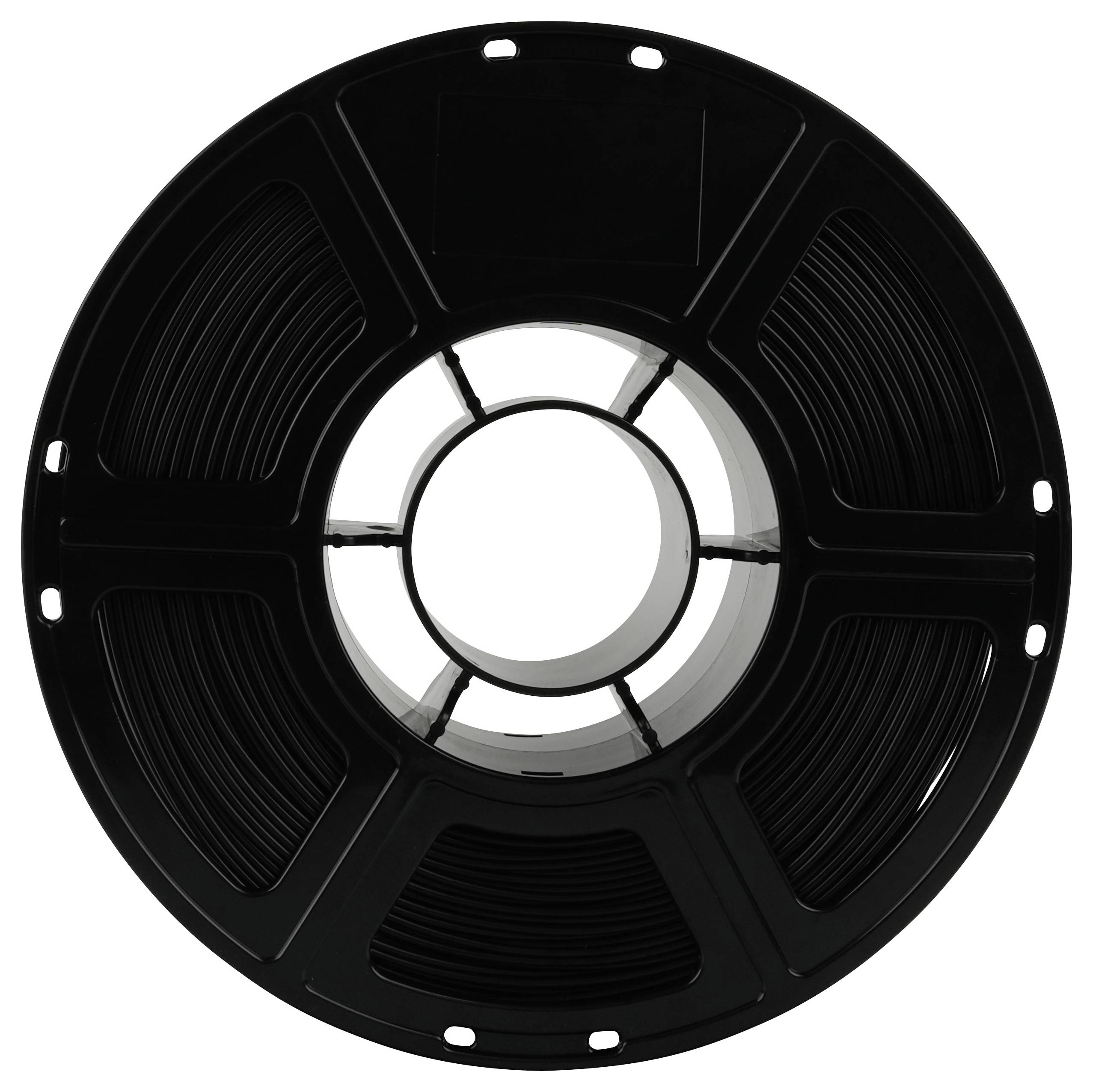 Eine schwarze Filmrolle mit einem zentralen Loch, die mehrere Rillen und Fächer zeigt und zum Aufbewahren und Transportieren von Film verwendet wird.