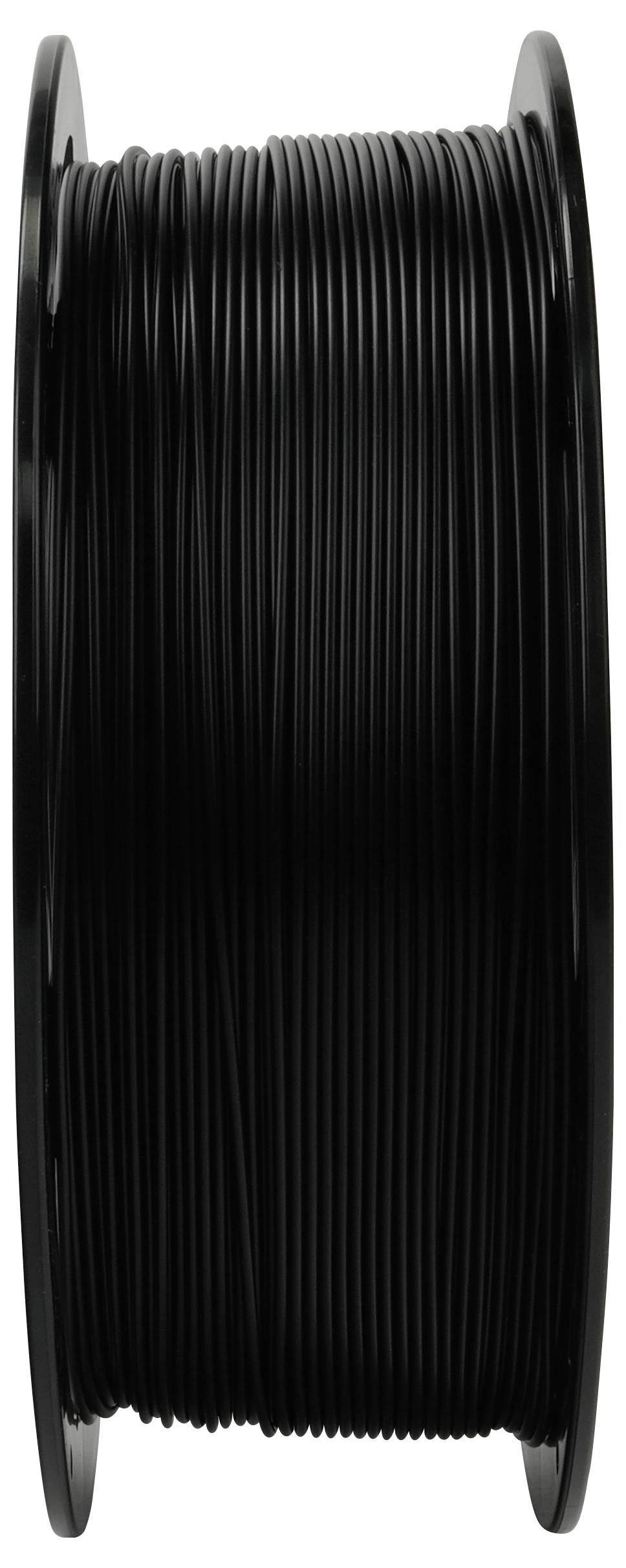 Eine Spule schwarzen Filaments für den 3D-Druck, mit straff gewickelten Strängen, aufrecht gegen einen einfarbigen Hintergrund positioniert.