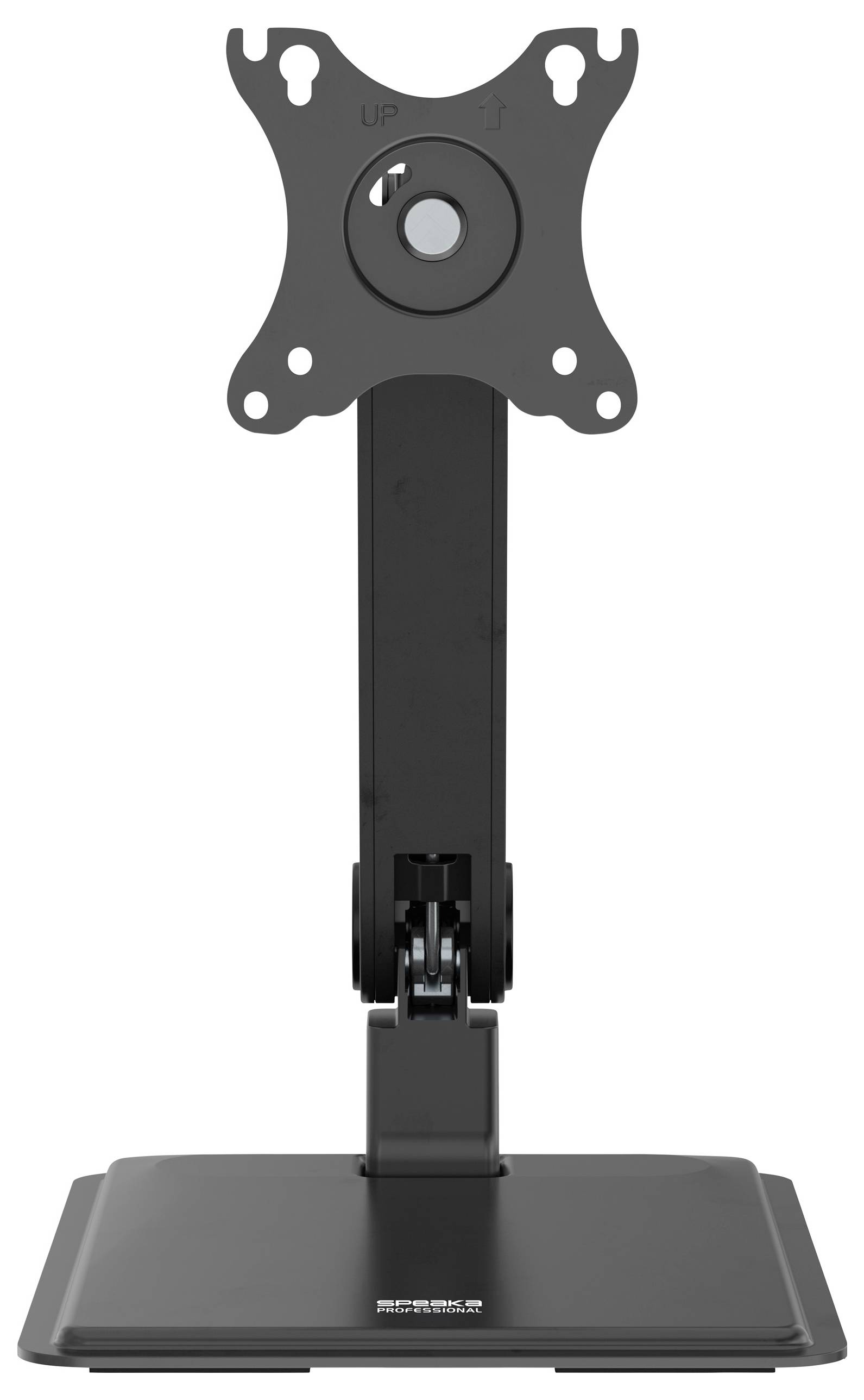 Ein schwarzer, höhenverstellbarer Monitorständer mit quadratischer Basis, konzipiert zum Halten eines Flachbildschirms. Die Halterung ist VESA-kompatibel.