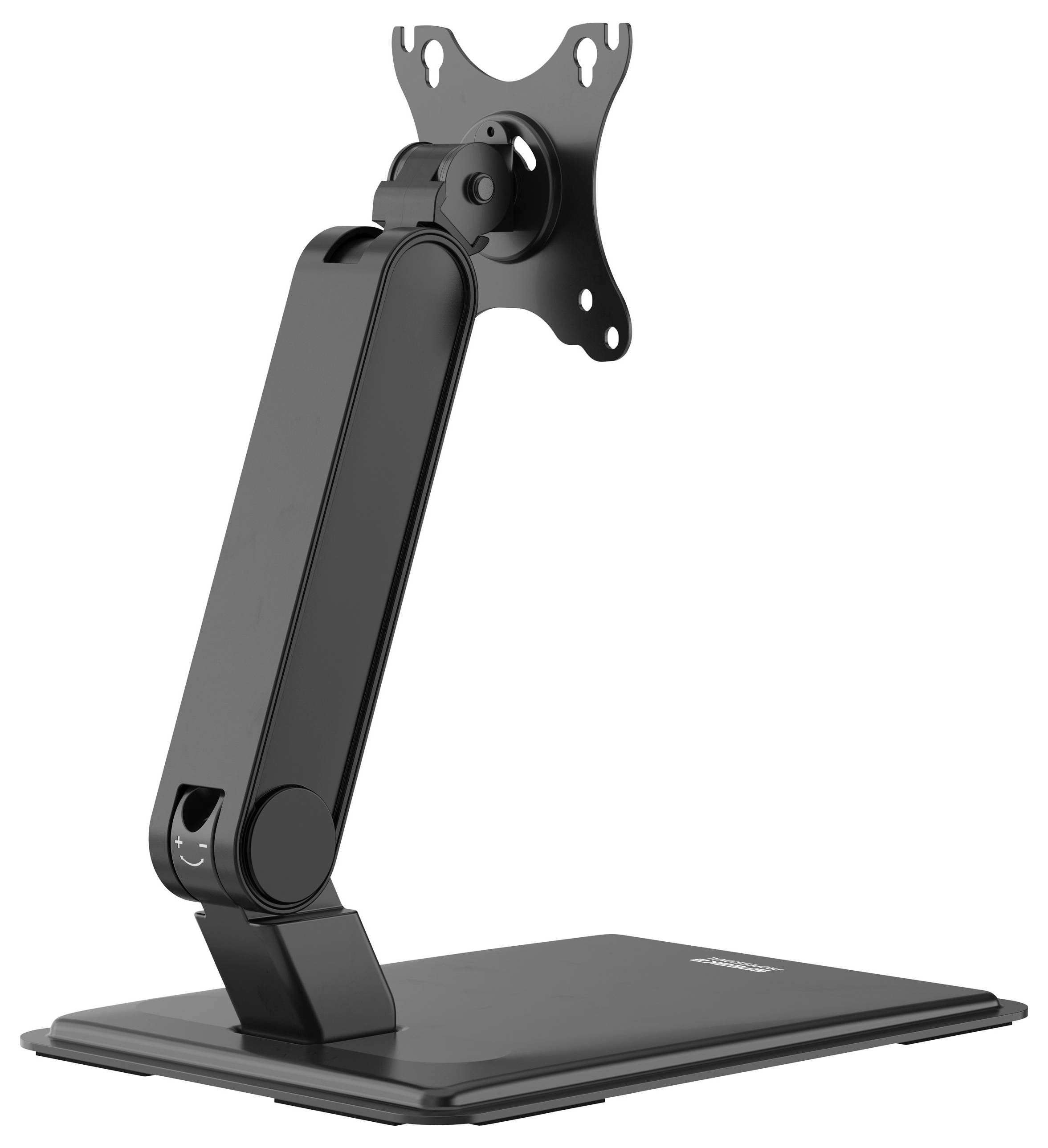 Monitorständer mit verstellbarem Arm und VESA-Halterung auf einer stabilen Basis. Entwickelt für eine ergonomische Positionierung von Bildschirmen.