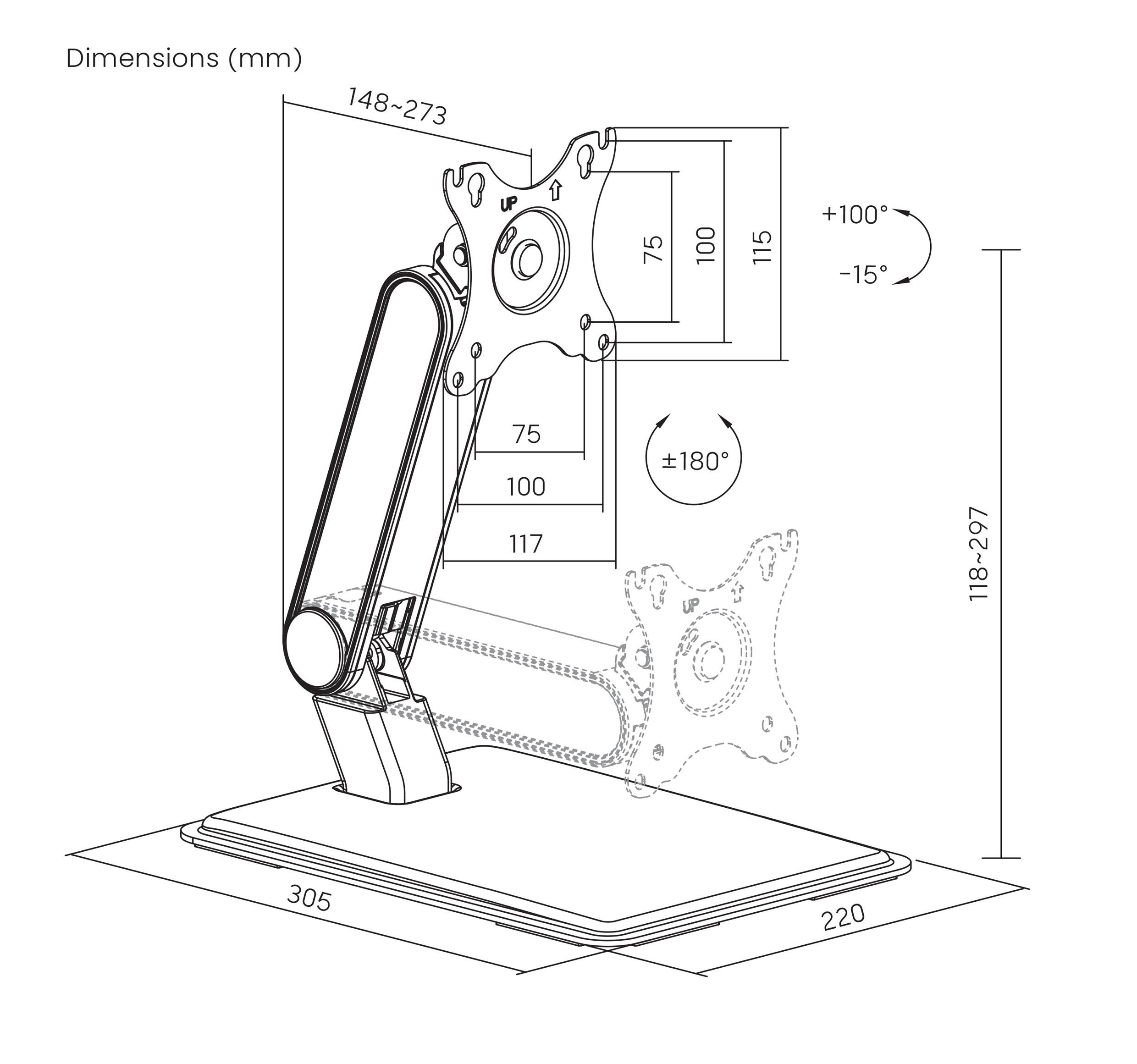 Diagramm eines verstellbaren Monitorarms mit folgenden Maßen: Höhe 118-297 mm, Tiefe 148-273 mm, Basis 305 x 220 mm, Rotation ±180°, Neigung +15° bis -15°.