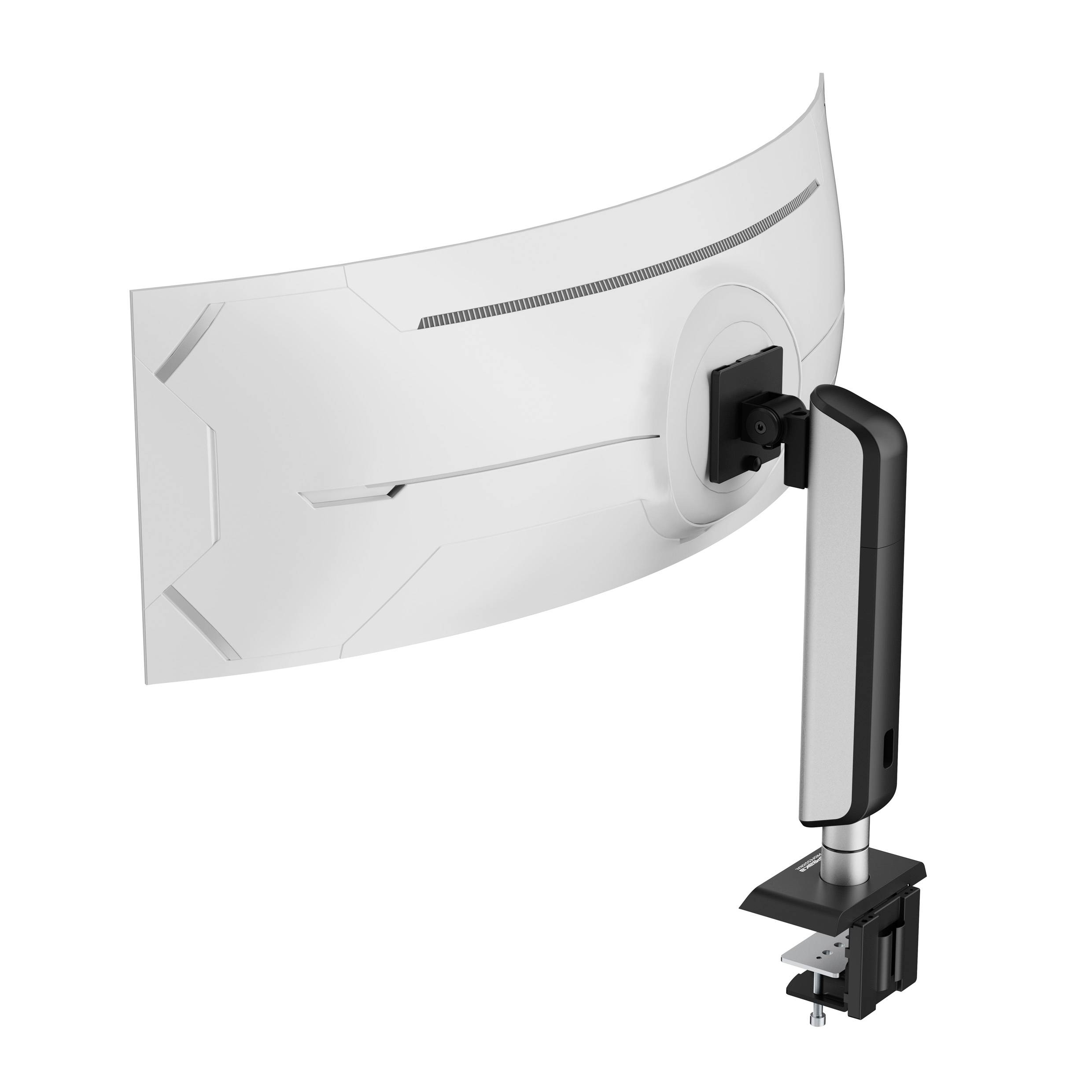 Ein weißer gebogener Computermonitor, der an einem verstellbaren schwarzen Arm befestigt ist, der an einem Schreibtisch geklemmt ist, und dessen Flexibilität und ergonomisches Design demonstriert.