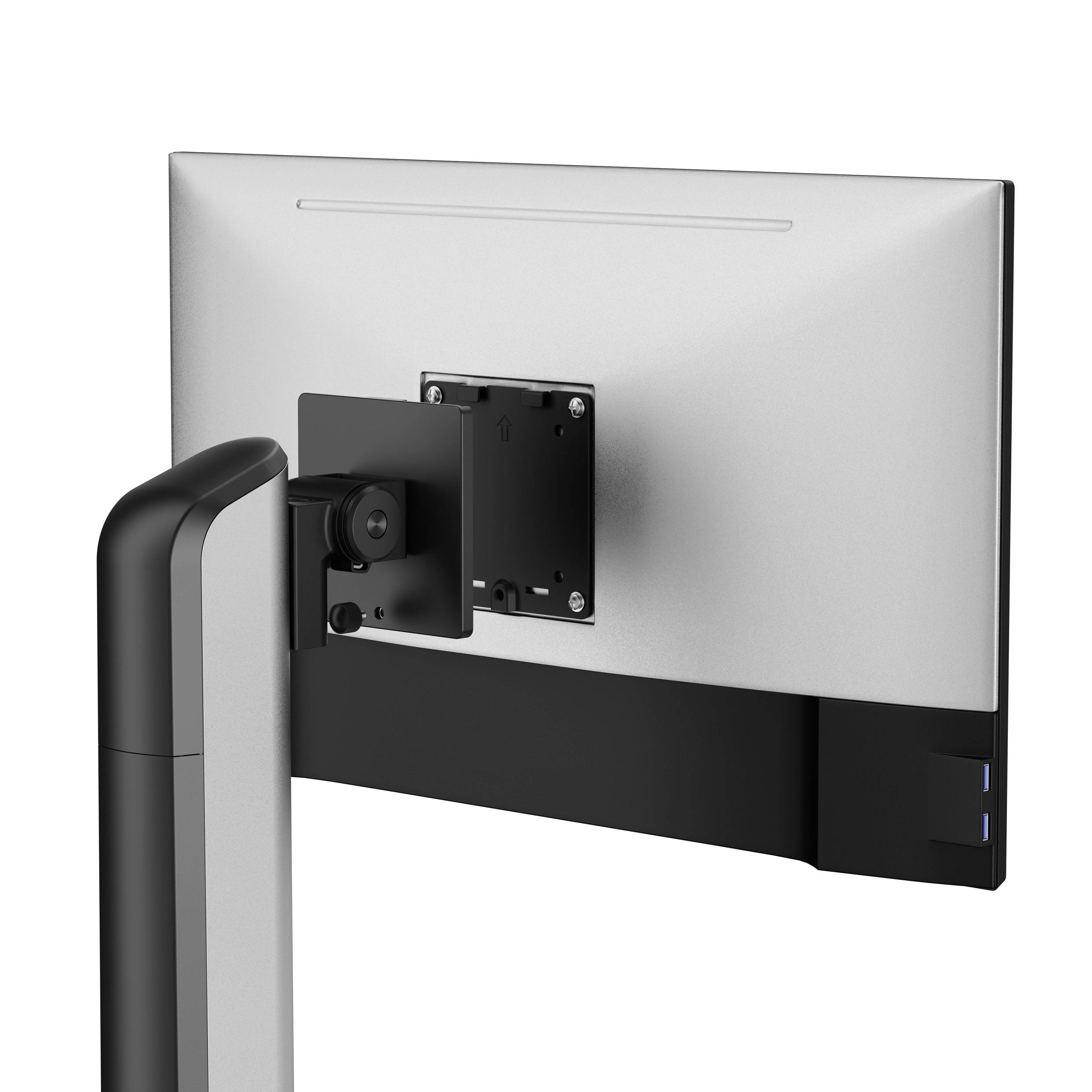 Ein Computermonitor ohne Standfuß wird von hinten gezeigt, wobei die VESA-Halterung und die Schwenkarmverbindung hervorgehoben werden.