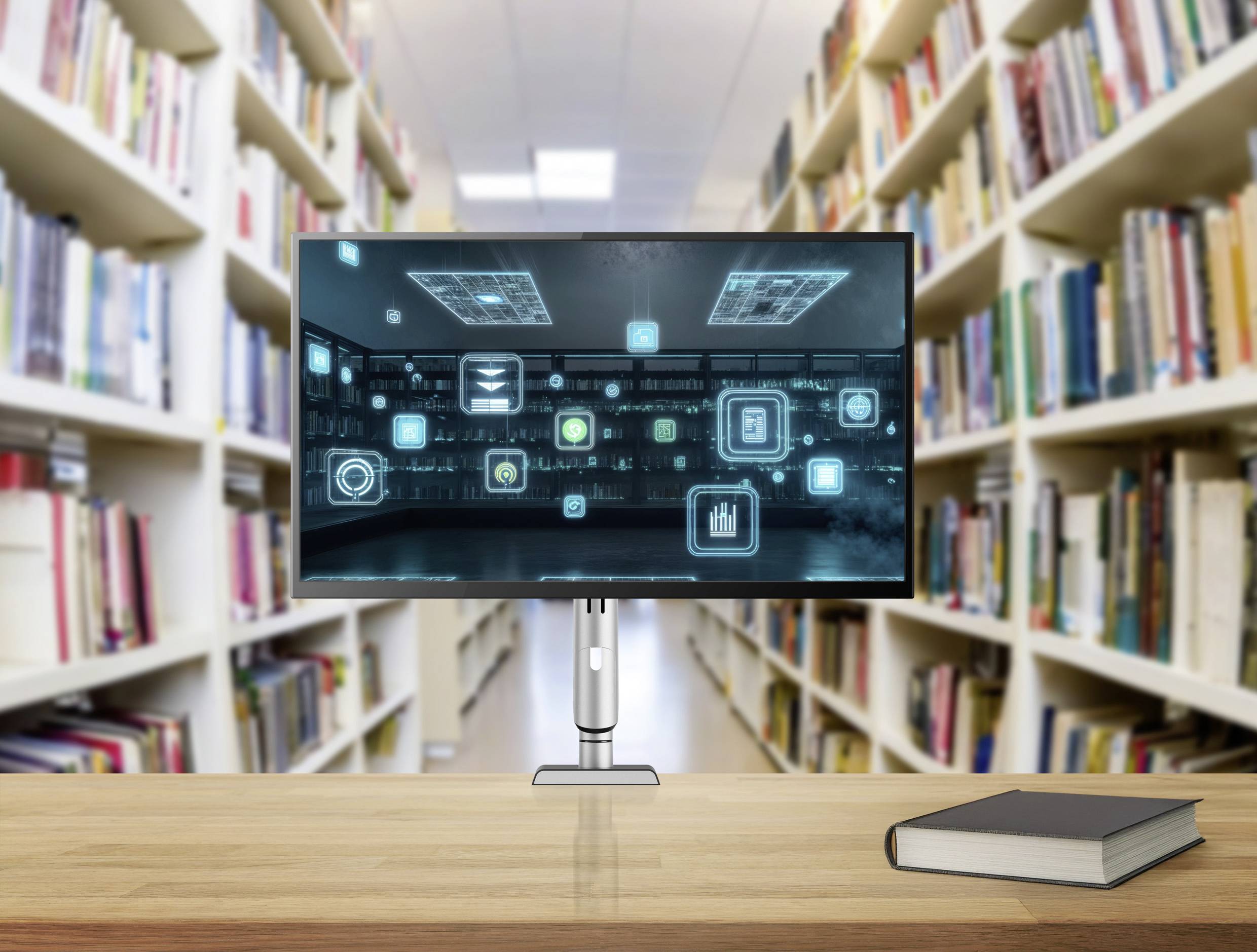 Ein Monitor auf einem Bibliothekstisch zeigt digitale Symbole und deutet auf eine Integration von Technologie ins Lernen hin. Ein Buch liegt in der Nähe.