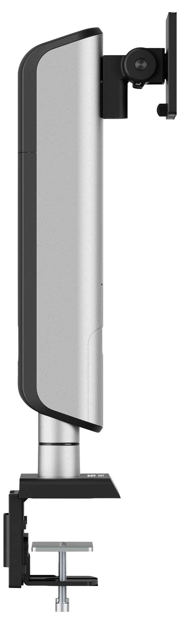 Klemmbare Monitorhalterung, Seitenansicht, mit verstellbarem Arm und Federmechanismus, konzipiert für ergonomische Positionierung von Monitoren auf Schreibtischen.