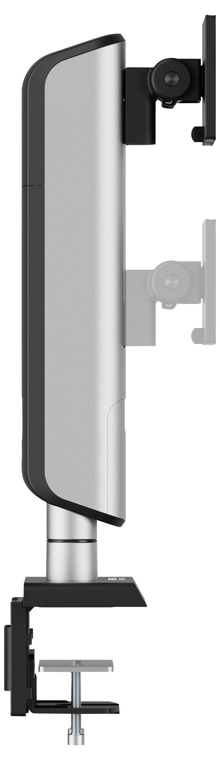 Seitenansicht eines Dual-Arm-Monitorständers in Silber und Schwarz, der an einem Tisch geklemmt ist. Oberer Arm ist sichtbar, unterer Arm ist transparent.