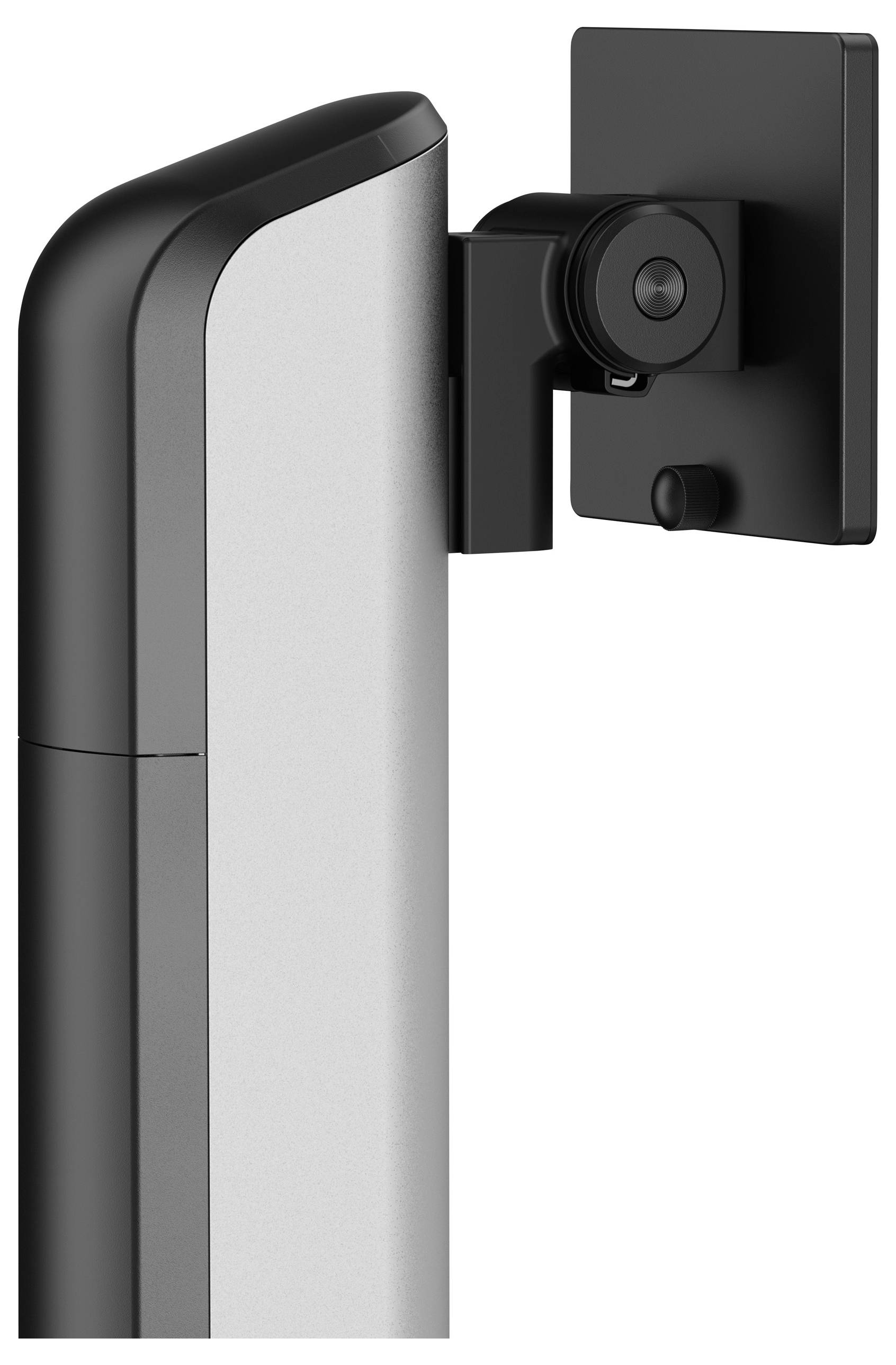 Eine Seitenansicht einer metallischen TV-Wandhalterung mit verstellbarem Arm und Befestigungsplatte, entwickelt zum Anbringen eines Fernsehers oder Monitors.