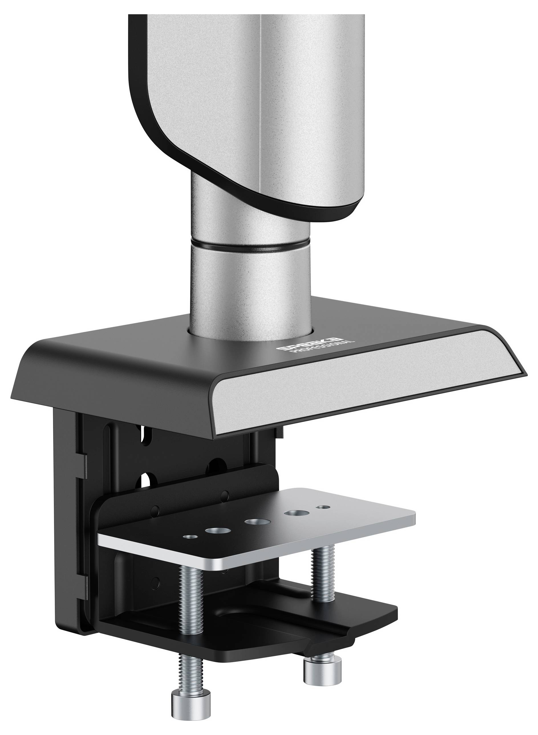 Eine Halterung zur Befestigung eines Monitorarms aus Metall und Kunststoff, in einer Nahaufnahme, die ihre verstellbaren Schrauben und das schlanke Design hervorhebt.