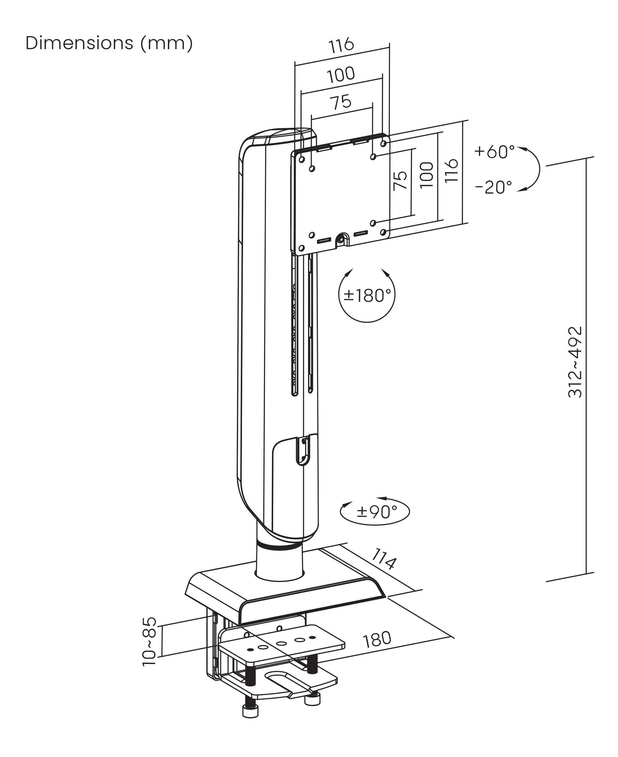 Diagramm eines Monitorständers mit Neigungsbereich von +60° bis -20°, Drehung von ±180°, Höhenverstellung von 312 bis 492 mm und detaillierten Maßangaben in Millimetern.