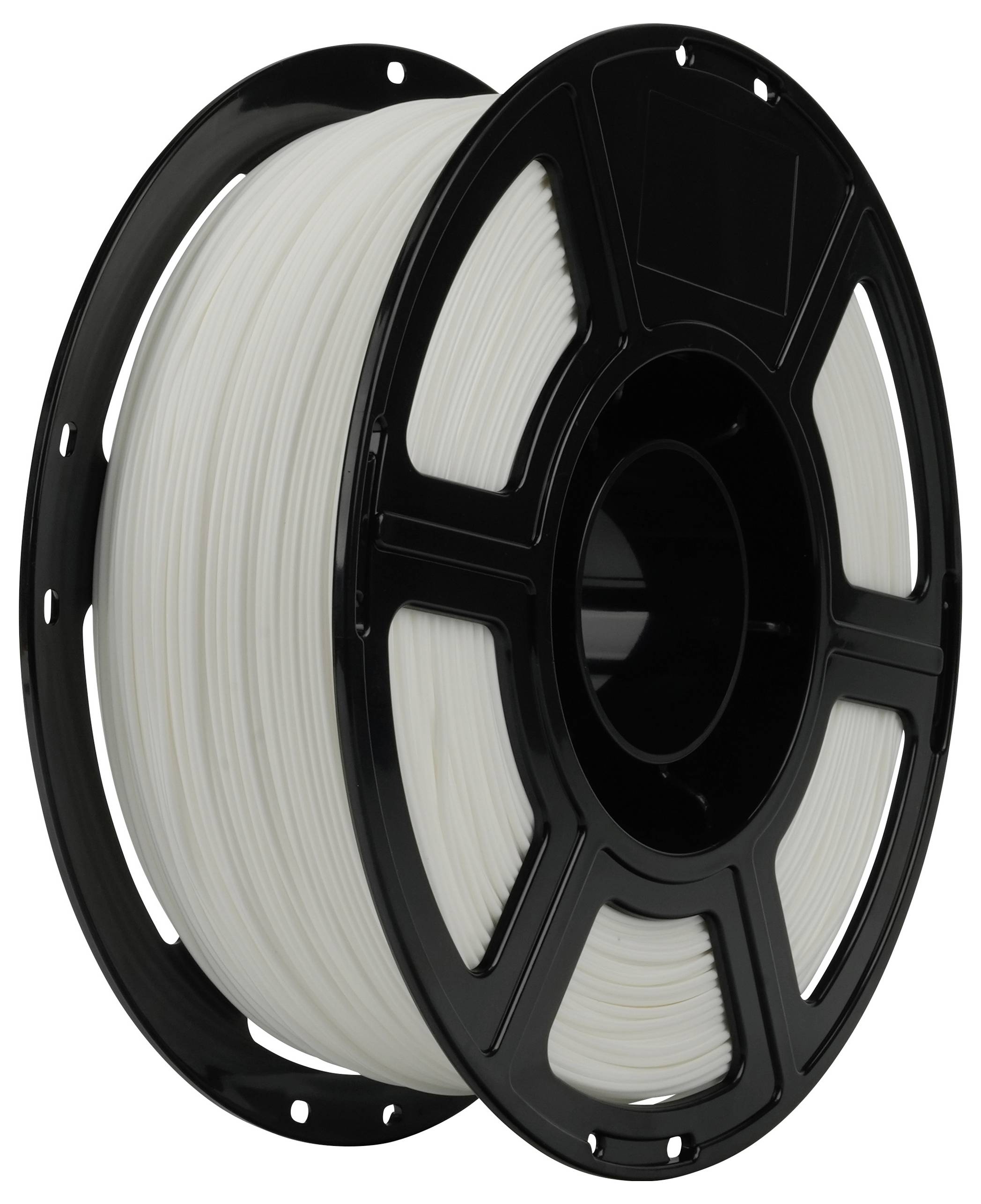 Eine Spule weißen 3D-Druckfilaments auf einer schwarzen Rolle, vertikal stehend.