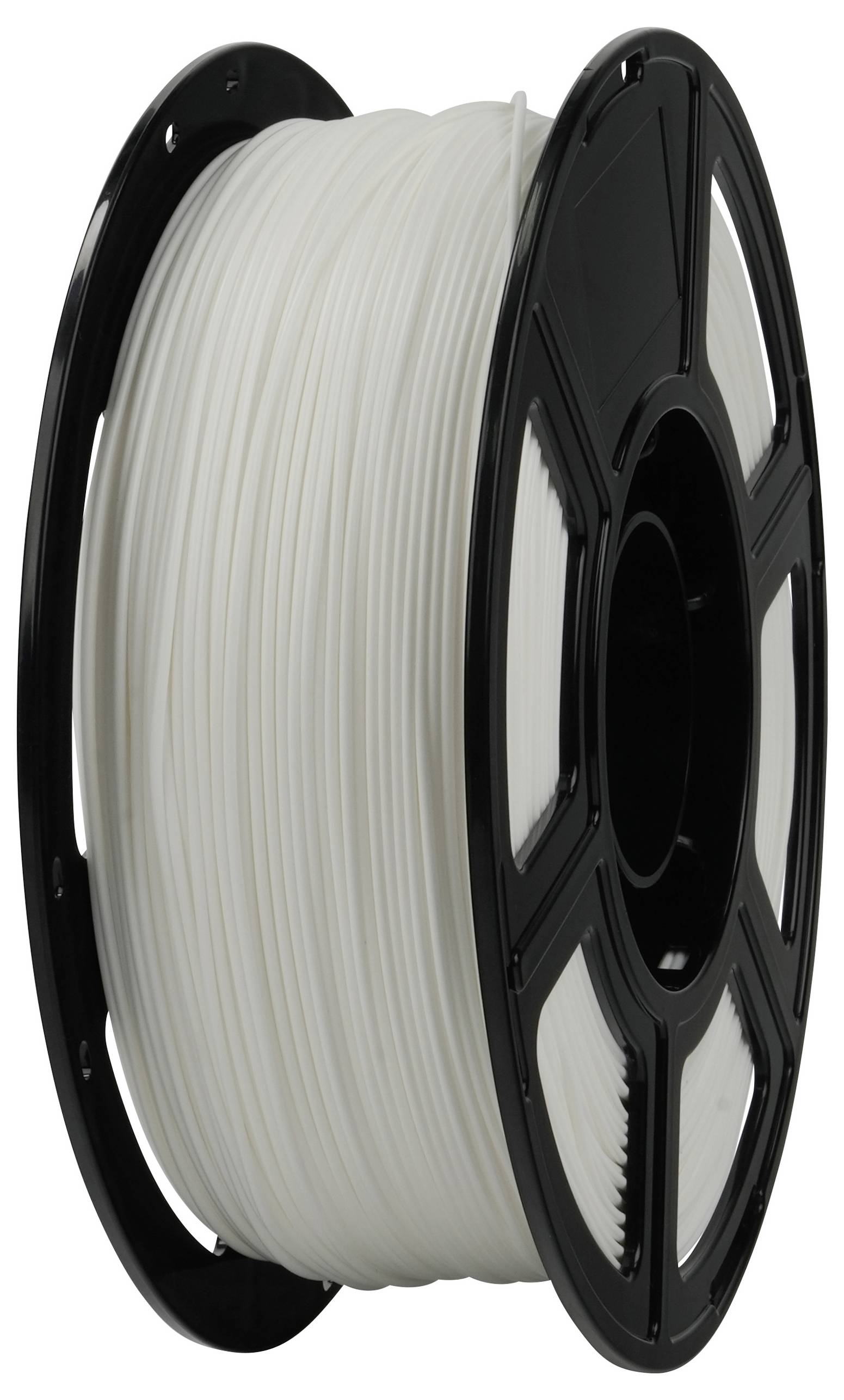 Eine Spule weißen 3D-Druckerfilaments mit einer schwarzen Rolle, verwendet zum Erstellen von 3D-gedruckten Objekten.