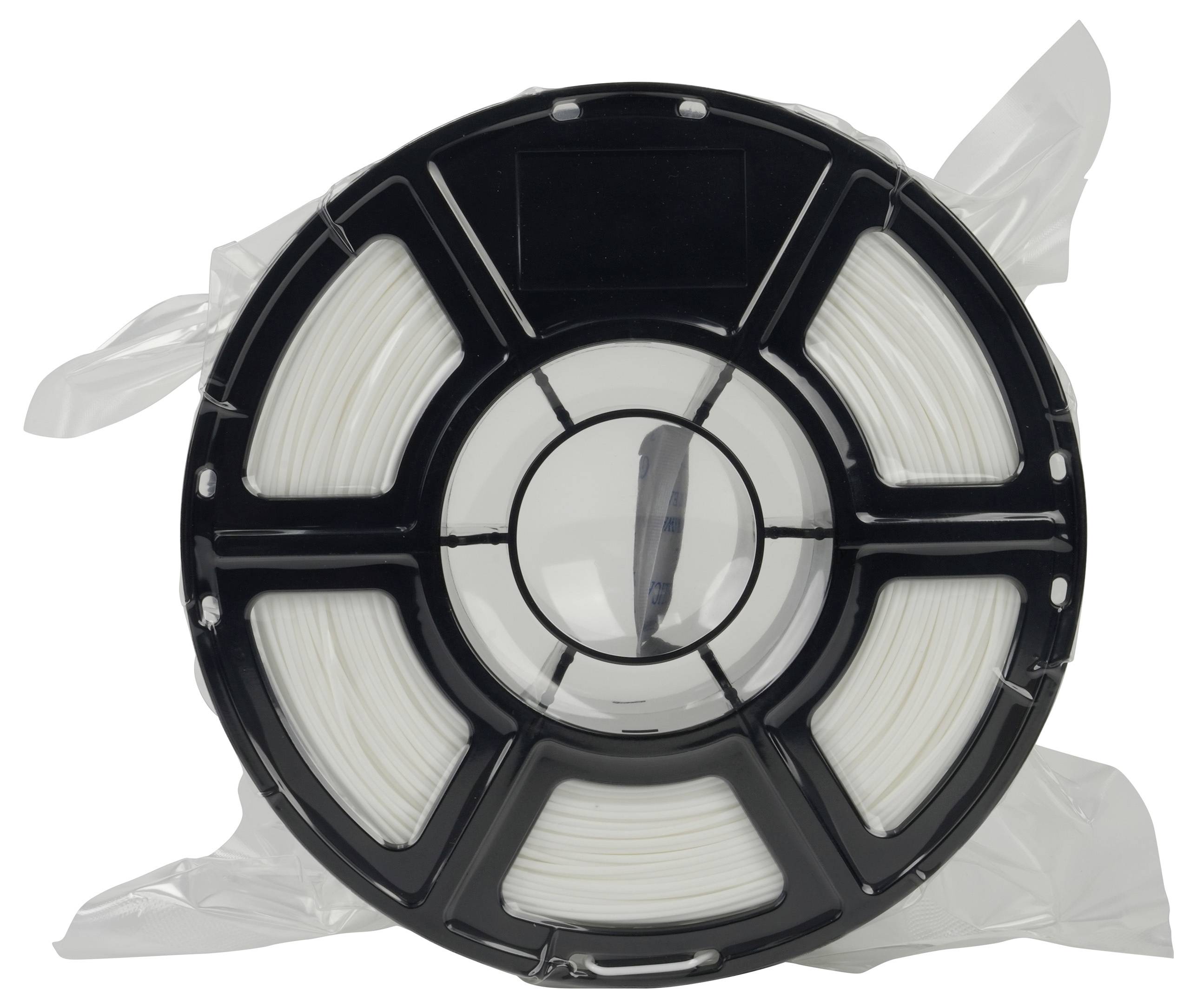 Eine Spule weißen 3D-Druckerfilaments in einem schwarzen kreisförmigen Halter mit teilweise transparent verpackter Umhüllung.