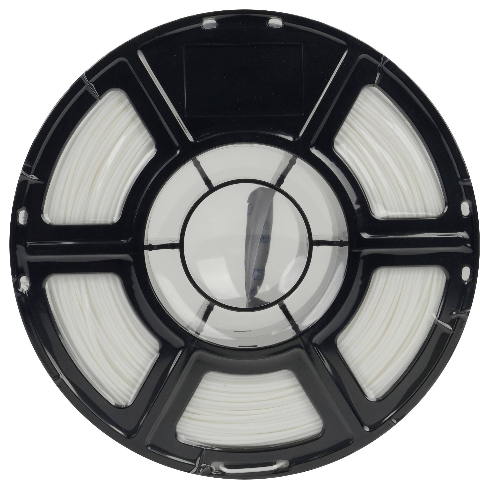 Eine runde Spule, gefüllt mit weißem 3D-Druckfilament, sauber aufgewickelt. Der schwarze Rahmen hält das Filament in unterteilten Abschnitten.
