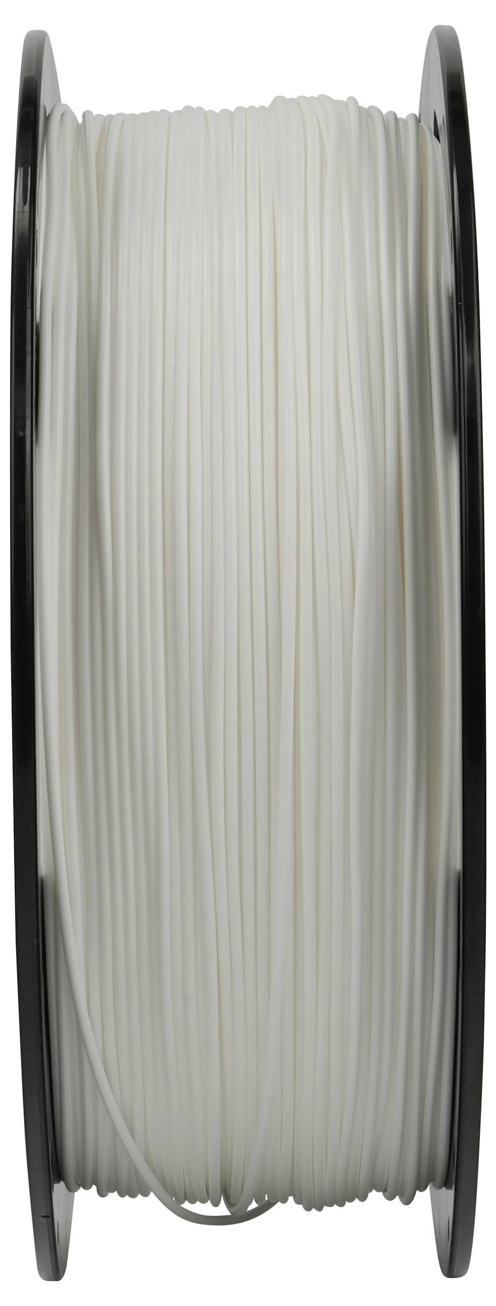 Eine Spule weißen 3D-Druckerfilaments ordentlich aufgewickelt, bereit zur Verwendung.