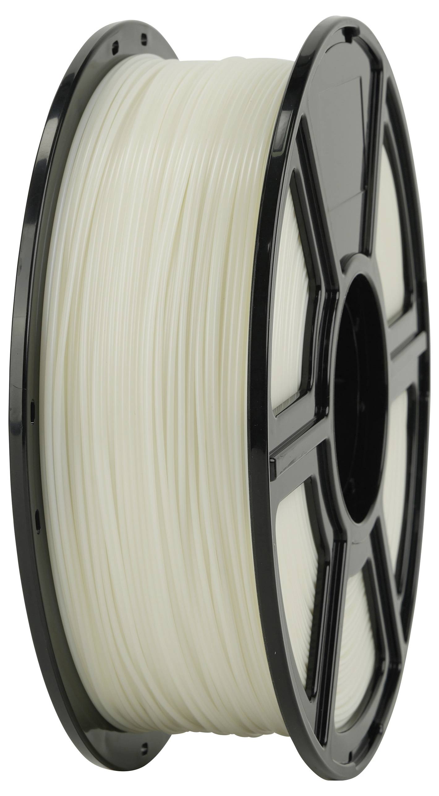 Eine Rolle weißes 3D-Druckfilament mit einem schwarzen Kunststoffrahmen, verwendet für additives Fertigungsverfahren in einem 3D-Drucker.