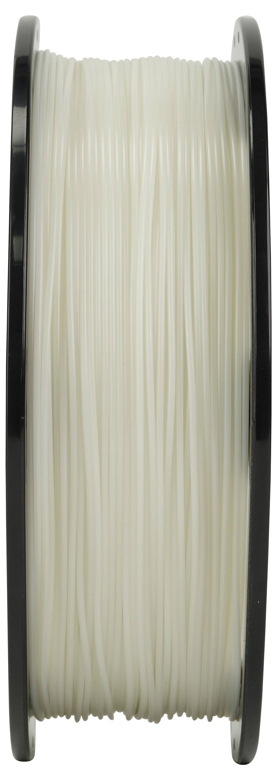 Eine Spule weißen 3D-Druckerfilaments, fest gewickelt, mit schwarzen Kanten, verwendet zum Erstellen von 3D-gedruckten Objekten.