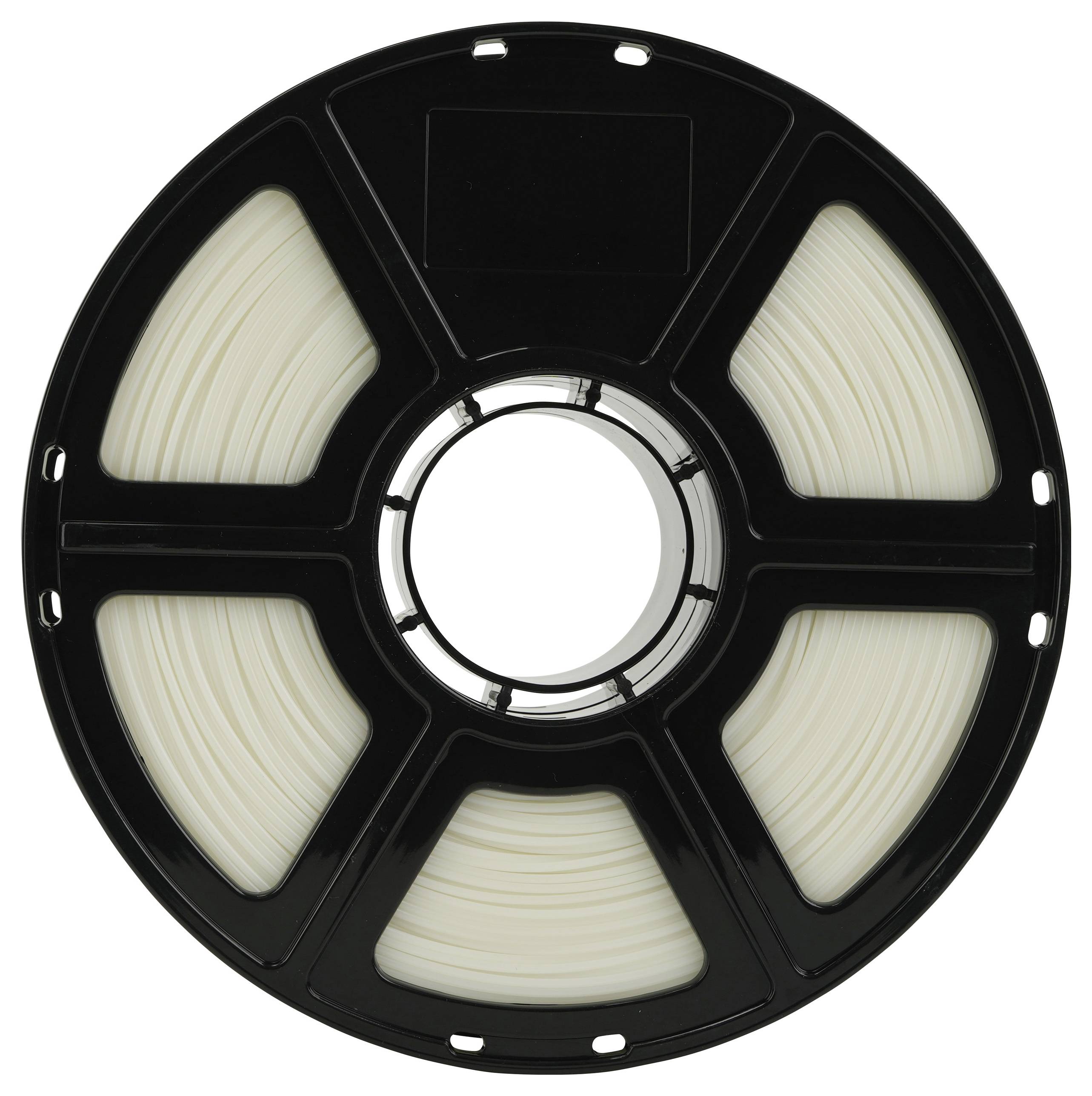 Eine Spule weißen Filaments für den 3D-Druck, eingehüllt in eine schwarze Kunststoffrolle. Das Filament ist gleichmäßig aufgewickelt und bereit zur Verwendung.