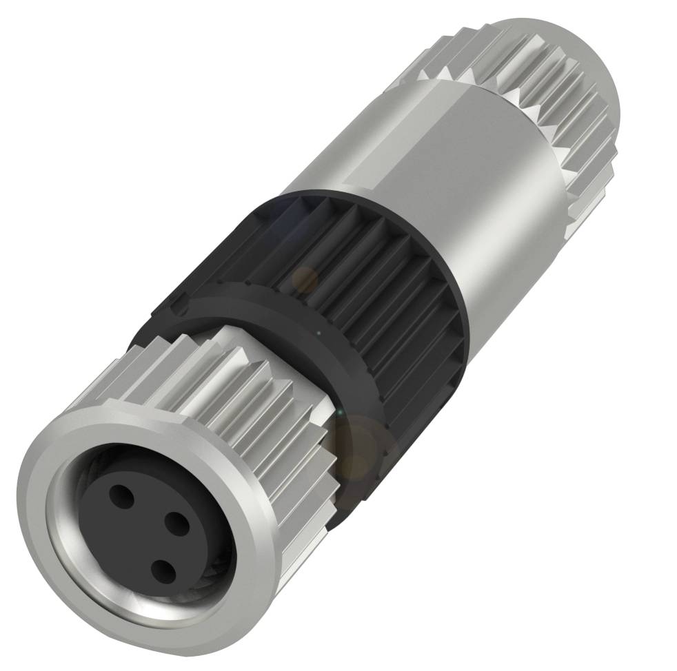 Ein zylindrischer, silberfarbener Industriestecker mit Schraubgewinde und mehreren Steckplätzen zur Verbindung elektronischer Komponenten.