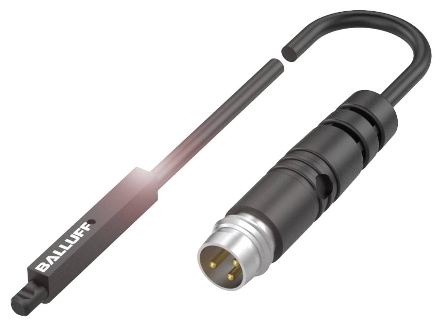 Ein schwarzer, zylindrischer Stecker mit geöffnetem Metallhaken und einem magnetischen Werkzeug. Daneben die Aufschrift 'BALLUFF'.