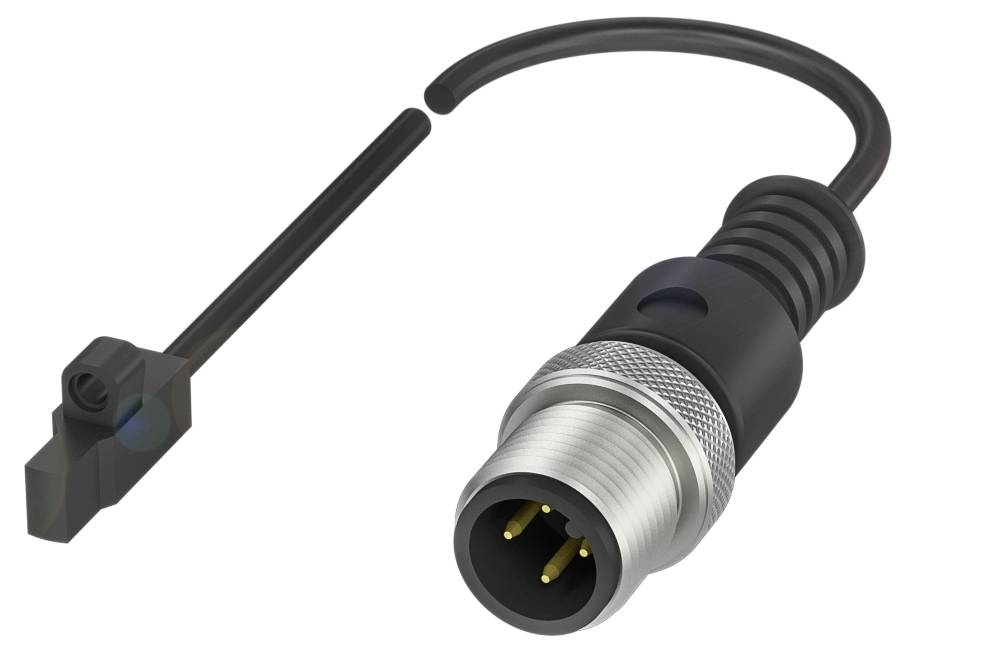 Ein schwarzes elektrisches Verbindungskabel mit einem runden Metallstecker und drei sichtbaren Stiften.