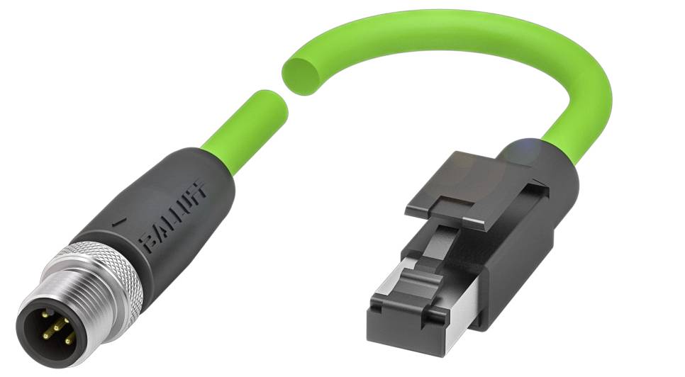 Ein grünes, gebogenes Kabel mit einem runden, silbernen Stecker und einem schwarzen, rechteckigen Anschluss, geeignet für industrielle Anwendungen.