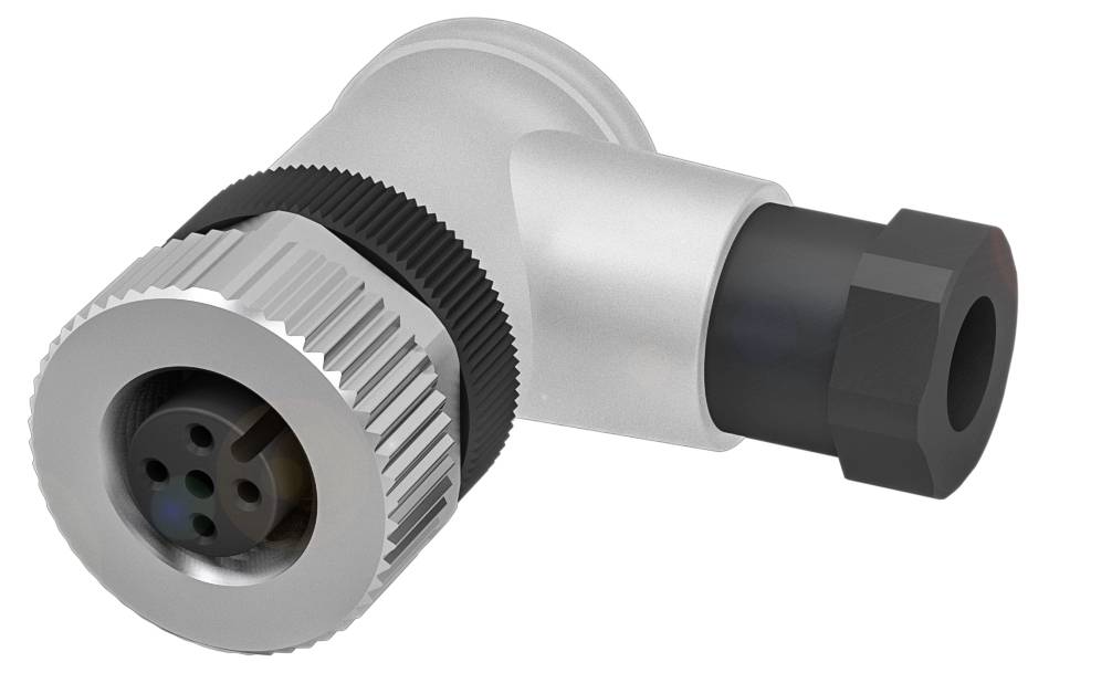 Ein silberner M12-Winkelstecker mit schwarzem geriffelten Kunststoffbereich und schwarzer Überwurfmutter. Hauptsächlich für industrielle Verbindungen verwendet.