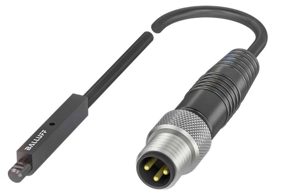 Ein zylindrischer Stecker mit zwei goldenen Pins und einem gebogenen Kabel ist mit einem rechteckigen Sensorblock verbunden.