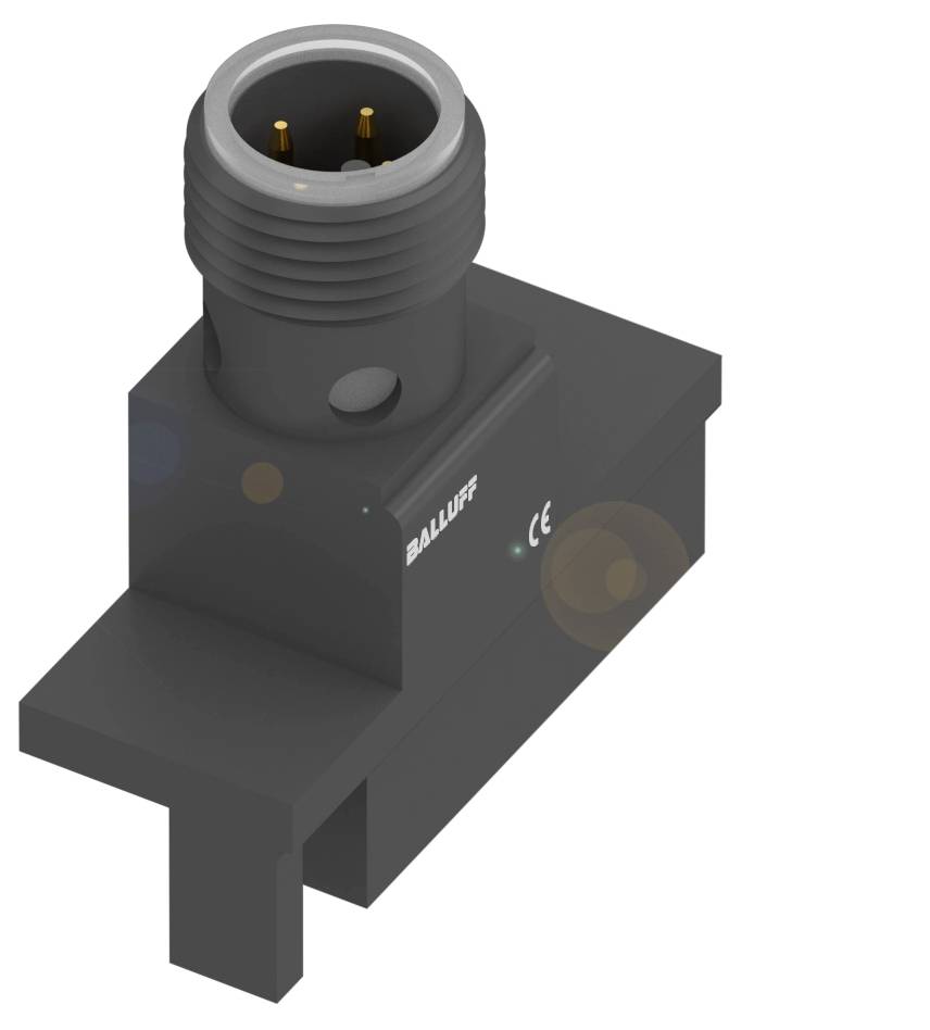 Ein schwarzer elektrischer Steckverbinder mit mehreren goldenen Pins, der in einem Gehäuse mit 'Balluff' Logo und 'CE'-Kennzeichnung integriert ist.