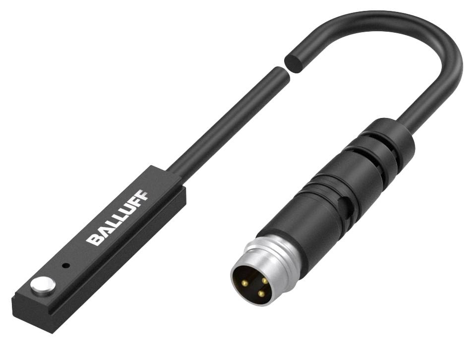 Ein zylindrischer Kabelstecker und ein rechteckiger Sensor von Balluff, verbunden durch ein flexibles Kabel.