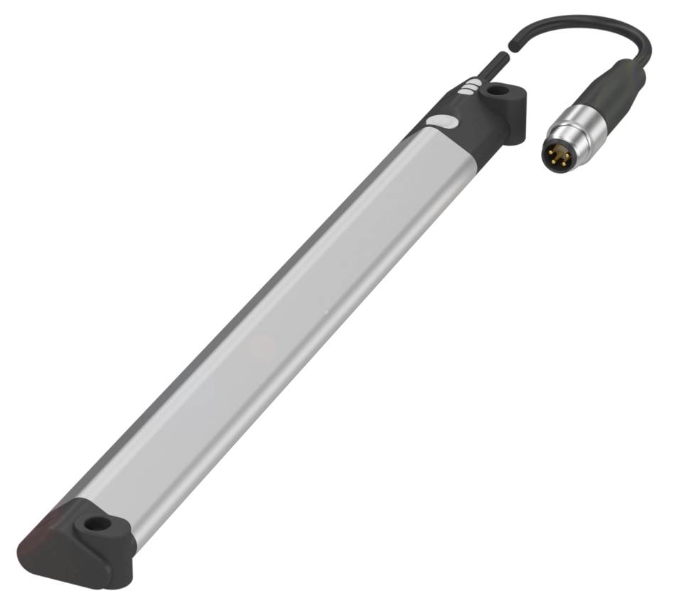 Ein länglicher, silberner Sensor mit schwarzem Rand und Kabelanschluss an einem Ende, verwendet zur Messung von Bewegungen.