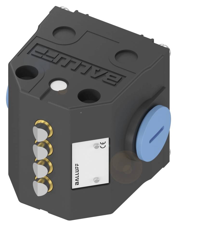 Schwarzer, rechteckiger Sensor mit blauem Rad an der Seite, Aufschrift 'Balluff' vorne. Verwendung in industriellen Anwendungen.
