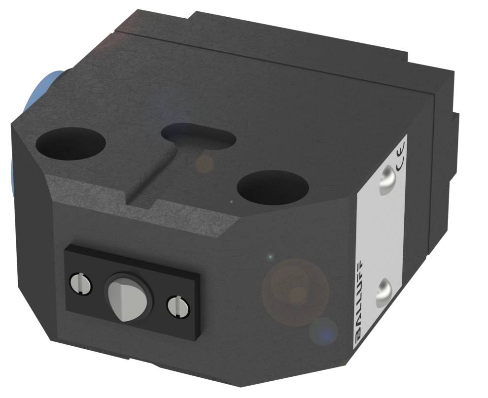 Ein rechteckiger, dunkelgrauer Sensor mit zwei runden Öffnungen und einem metallischen Fühler vorne; Herstellername an der Seite.