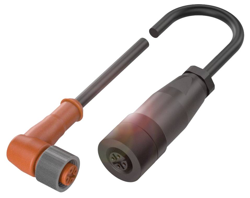 Zwei Steckverbindungen, eine orange und eine schwarze, liegen nebeneinander. Die schwarze hat einen gebogenen, offenen Bügel.