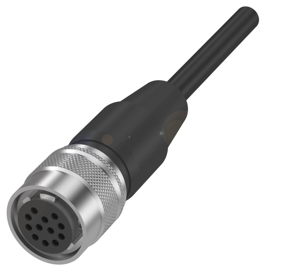 Schwarzer Rundstecker mit silbernem Metallgewinde, 8-polig, mit einem angeschlossenen Kabel. Geeignet für technische Verbindungen.