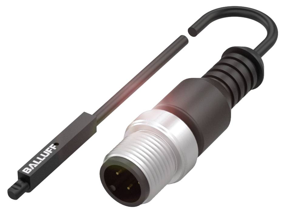 Sensor- und Steckverbindung: Ein zylindrischer Sensor mit Kabelanschluss und Haken in schwarzer und silberner Farbe.