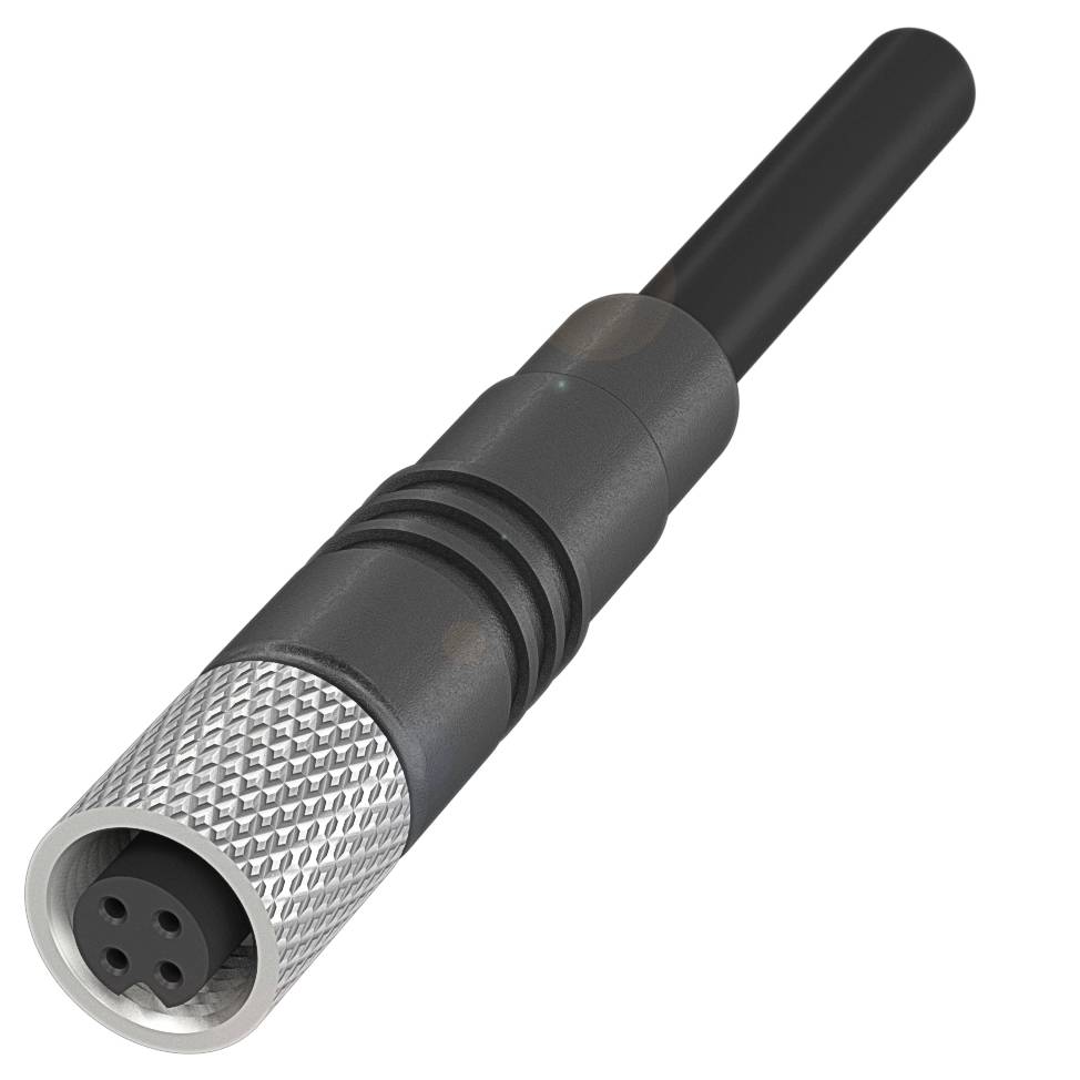 Ein schwarzer, zylindrischer Stecker mit Metallgewinde und vier runden Steckplätzen, geeignet für elektronische Verbindungen.