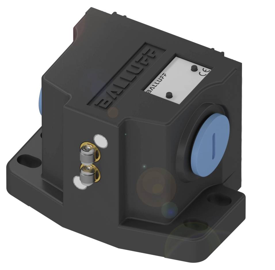 Ein schwarzer Sensor mit zwei blauen Knöpfen und der Aufschrift eines Herstellernamens. Er ist für den Einsatz in industriellen Anwendungen konzipiert.